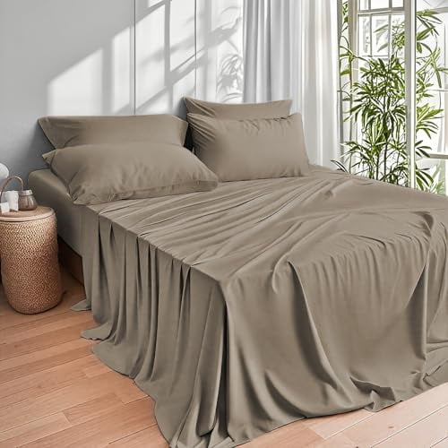 Cooling Sateen Home 4-Piece Queen Bamboo Bed Sheet Set, 100% Organic Cooling Fabric, 16" Deep Pocket, Taupe - Premium Ultra-Soft Pillowcase Pair for Sleeping Detail