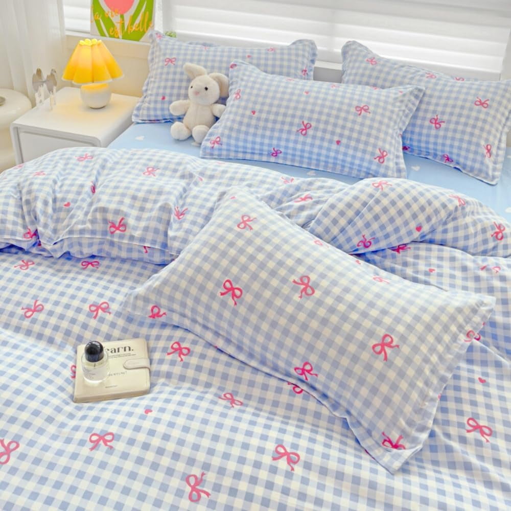 Luxurious Quilted 3-Piece Blue Plaid Pink Bows Comforter Full Set , Cute Soft Bedding Set for Kids Adults - Cloud-Like Soft Lightweight Bed Comforter Detail