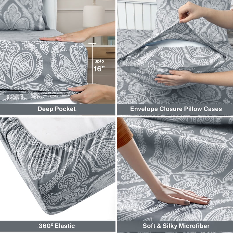 Wrinkle-Resistant Lux Decor 4 Piece Queen Sheet Set, Brushed Microfiber Paisley Printed Bed Sheet Set with up to 16" Deep Pocket Fitted... - Premium Ultra-Soft Pillowcase Pair for Sleeping Detail