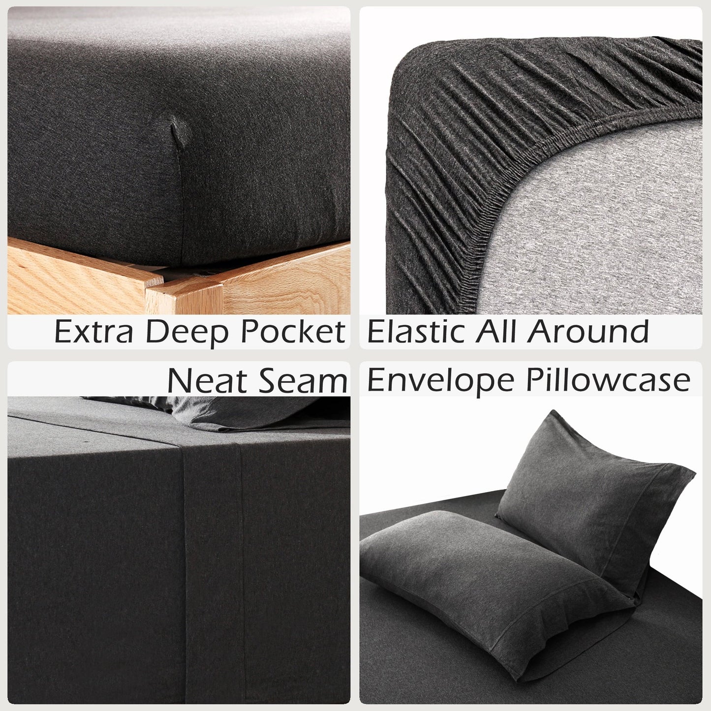 Ultra-Soft 100% Cotton Jersey Knit 4pc Bed Sheet Set Extra Deep Pocket up to 20" Charcoal Gray Queen - Breathable Egyptian Cotton Flat & Fitted Sheets Detail
