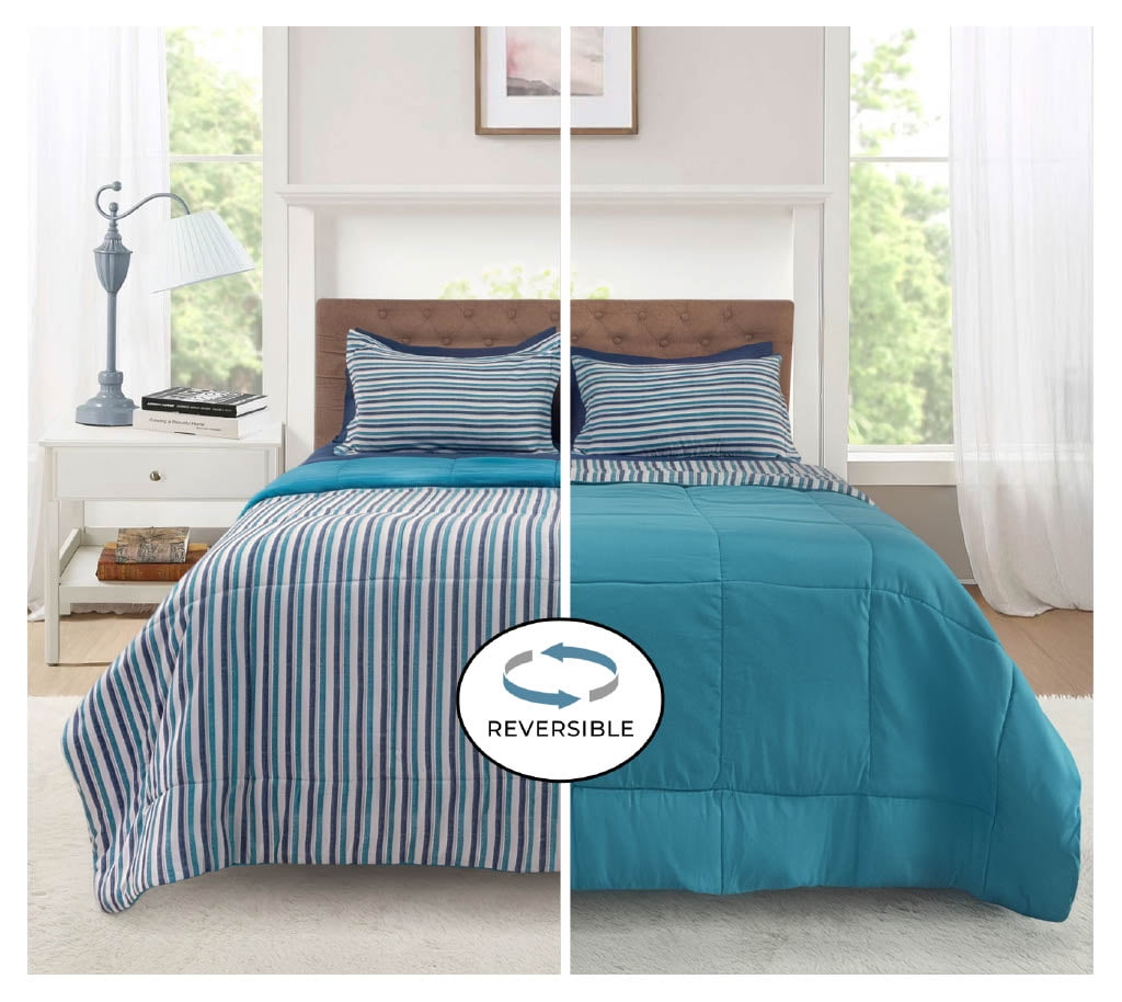Heavyweight Warmth All in One Reversible Comforter and Sheet Set- 7 Piece, Queen, Blue Pinstripe - Hypoallergenic Ultra-Fluffy Quilt for Winter Detail