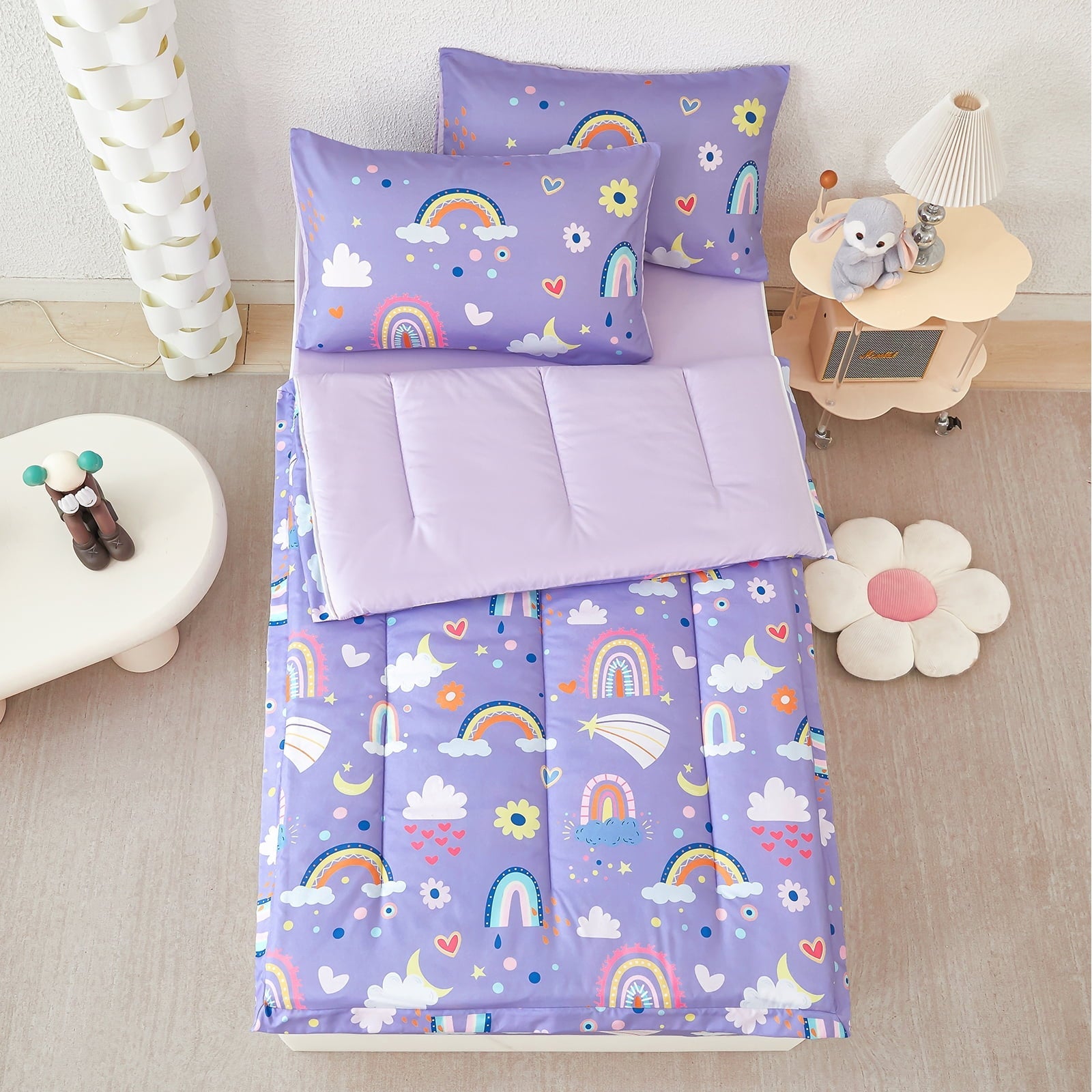 Hypoallergenic Cloud Zipper Kids Comforter Set, 3-Piece Purple Twin Bed in a Bag, Cartoon Rainbow Stars Flowers Printed Zip Up Comforter S... - Hypoallergenic Ultra-Fluffy Quilt for Winter Detail