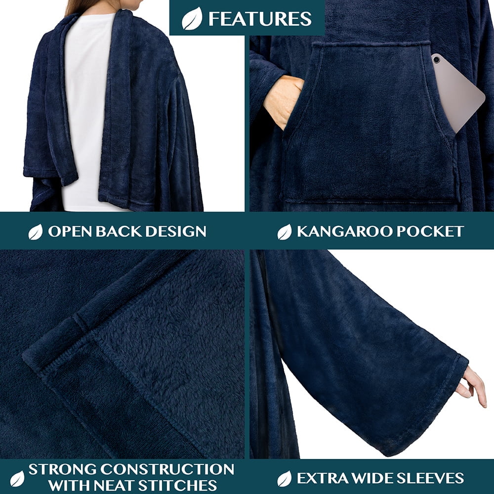 Reversible Sherpa Navy Blue Fleece Wearable Blanket with Sleeves for Adults Women Men, Soft Warm Full Body Wrap Throw, Sweatshirt Pocke... - Super Soft Reversible Sherpa Flannel Blanket Detail