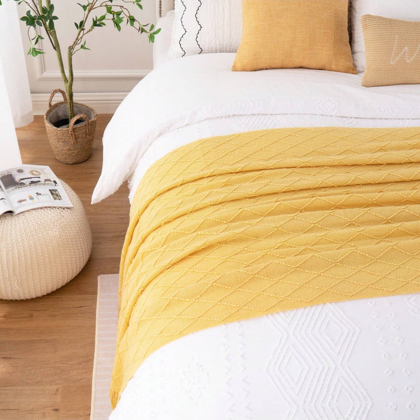 Super Soft Flannel Mustard Throw Blanket for Couch,Gold Yellow Knit Throw with Fringe,Outdoor Throw ,50"x60" - Lightweight Plush Warm Blanket for All Seasons Detail