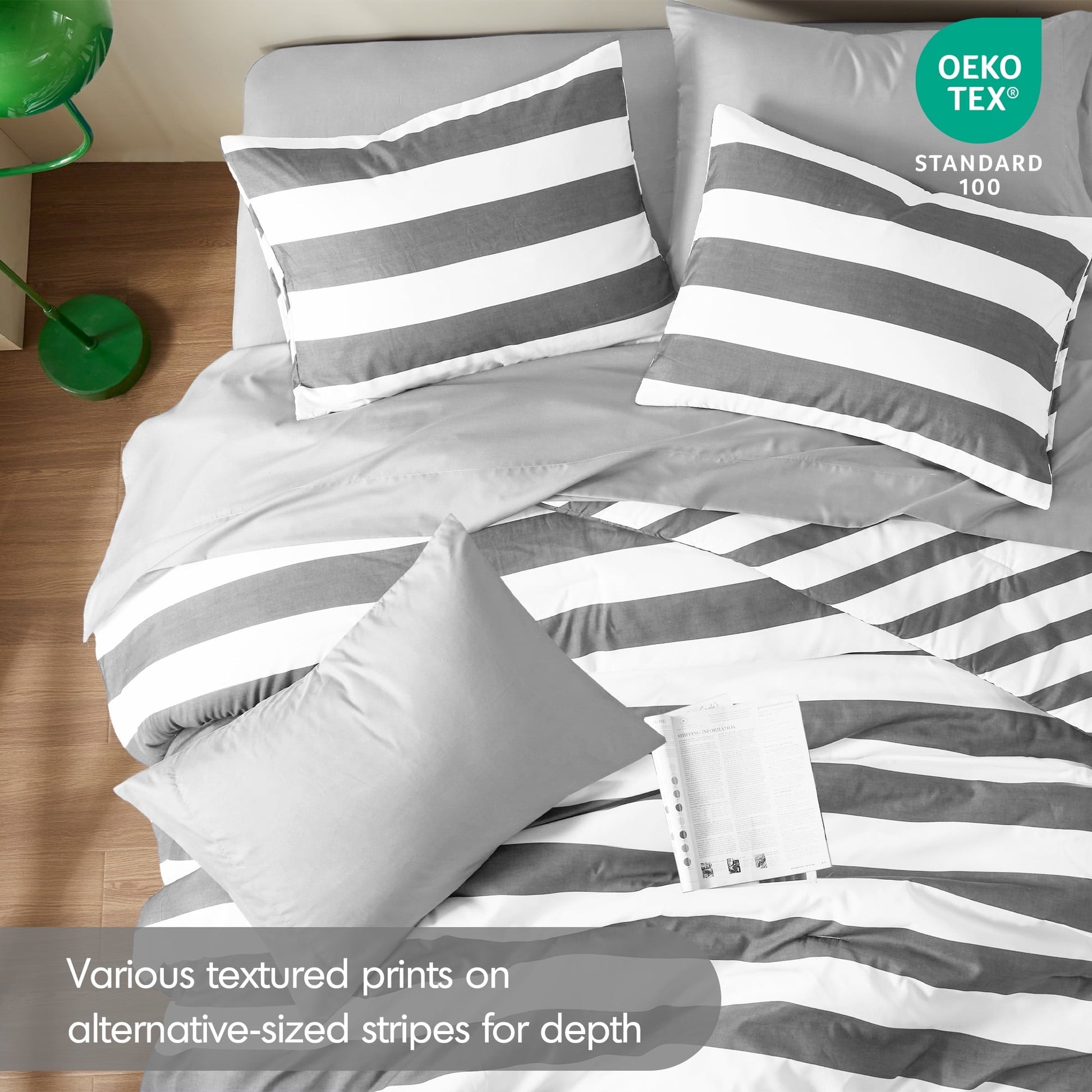 All-Season Full/Queen Size Comforter Sets, 3-Piece Bedding Set Full/Queen, Reversible Striped Comforter Bed Set, Charcoal - Cloud-Like Soft Lightweight Bed Comforter Detail