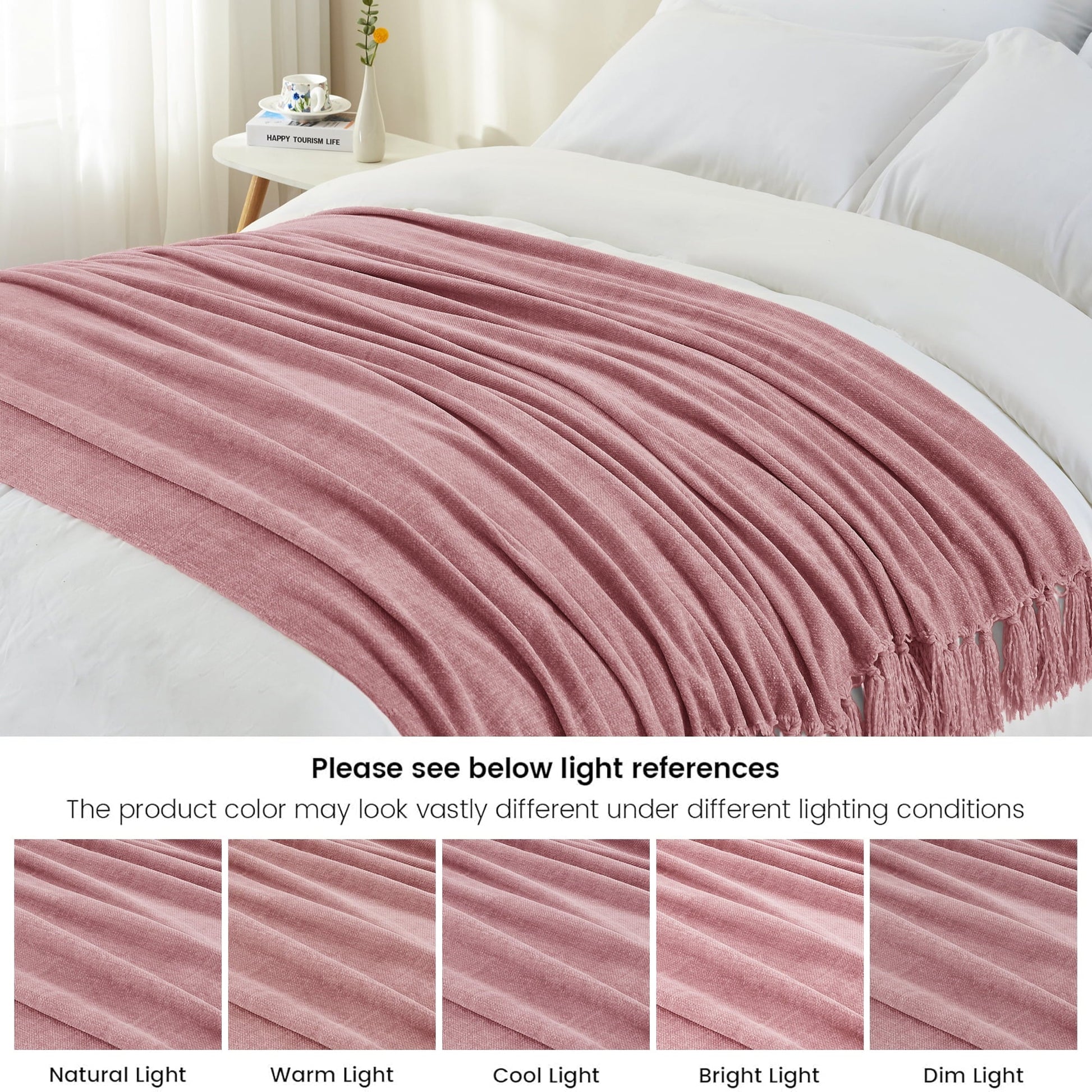 Cozy Fleece Chenille Throw Blanket with Fringe Tassel for Couch Sofa Chair Bed, Mauve 50" X 70" - Luxury Knitted Decorative Throw Blanket with Fringes Detail