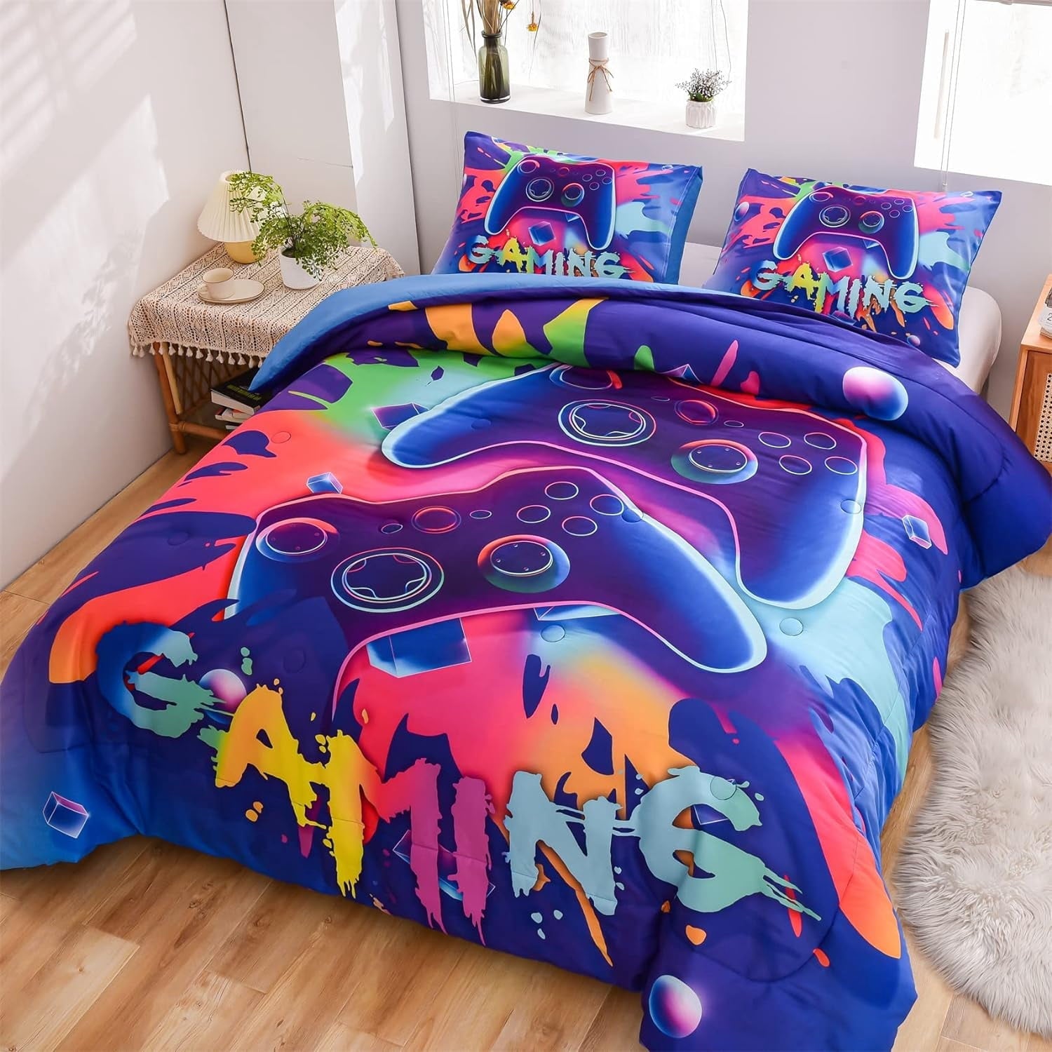 Luxurious Quilted Purple Queen Gaming Comforter Sets for Boys Kids Bedding Sets Colorful Games Console Gamer Quilt Set - Luxurious Quilted Duvet Cover Set Detail