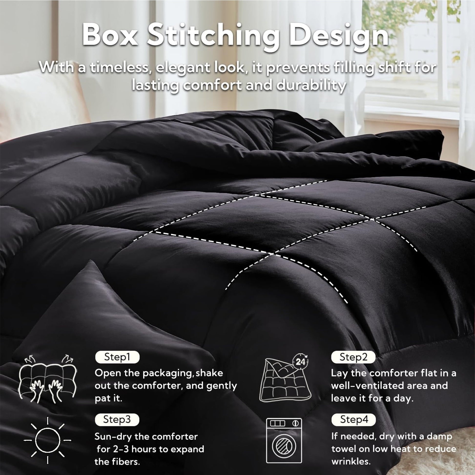 Luxurious Quilted Reversible Satin Microfiber Comforter 3 Pieces Queen Size, Black Queen Comforter Set for All Seasons, Silky Soft Sati... - Luxurious Quilted Duvet Cover Set Detail