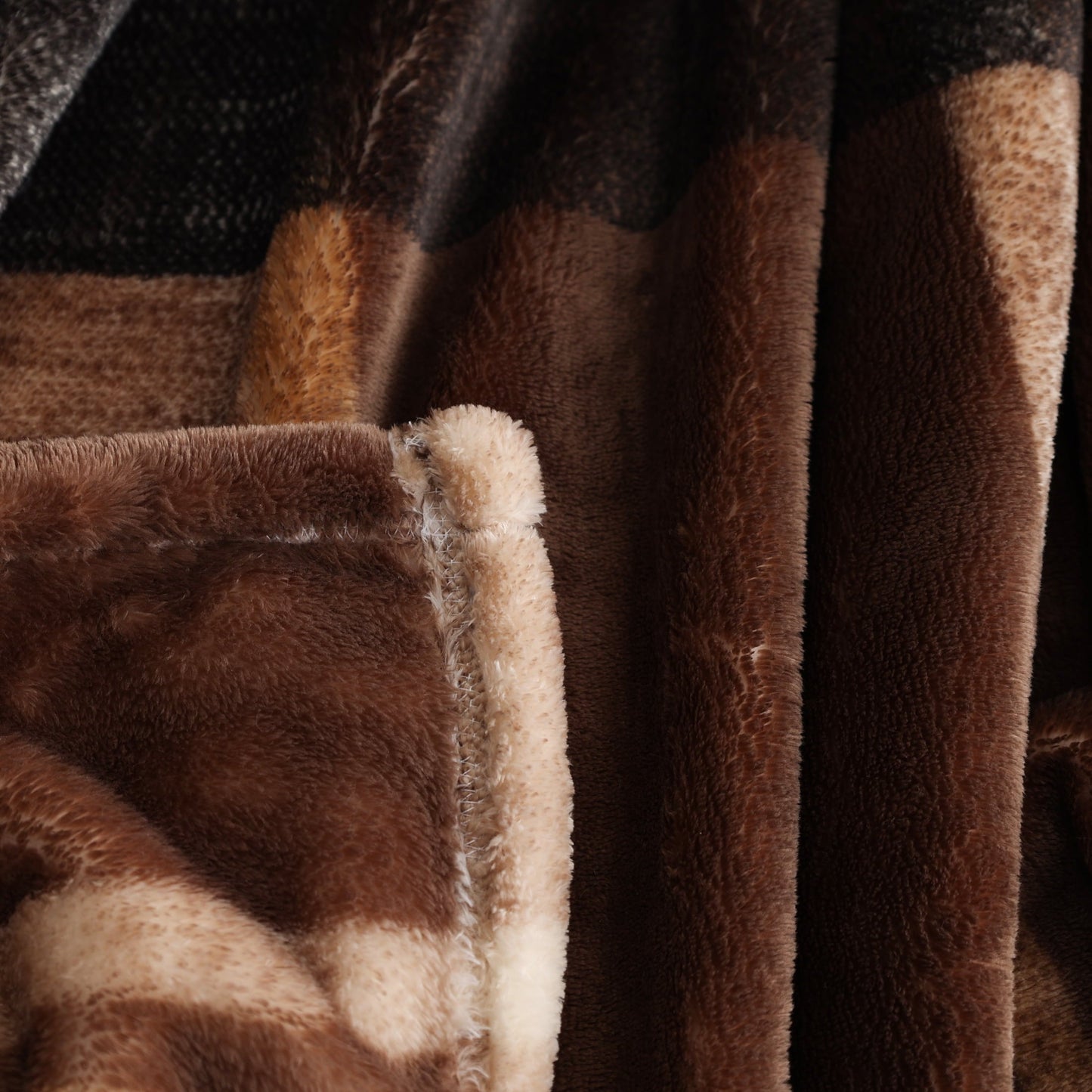 Decorative Knitted Printed Velvet Plush Super Soft Throw Blanket, Oversized, Shelton Brown Plaid - Super Soft Reversible Sherpa Flannel Blanket Detail