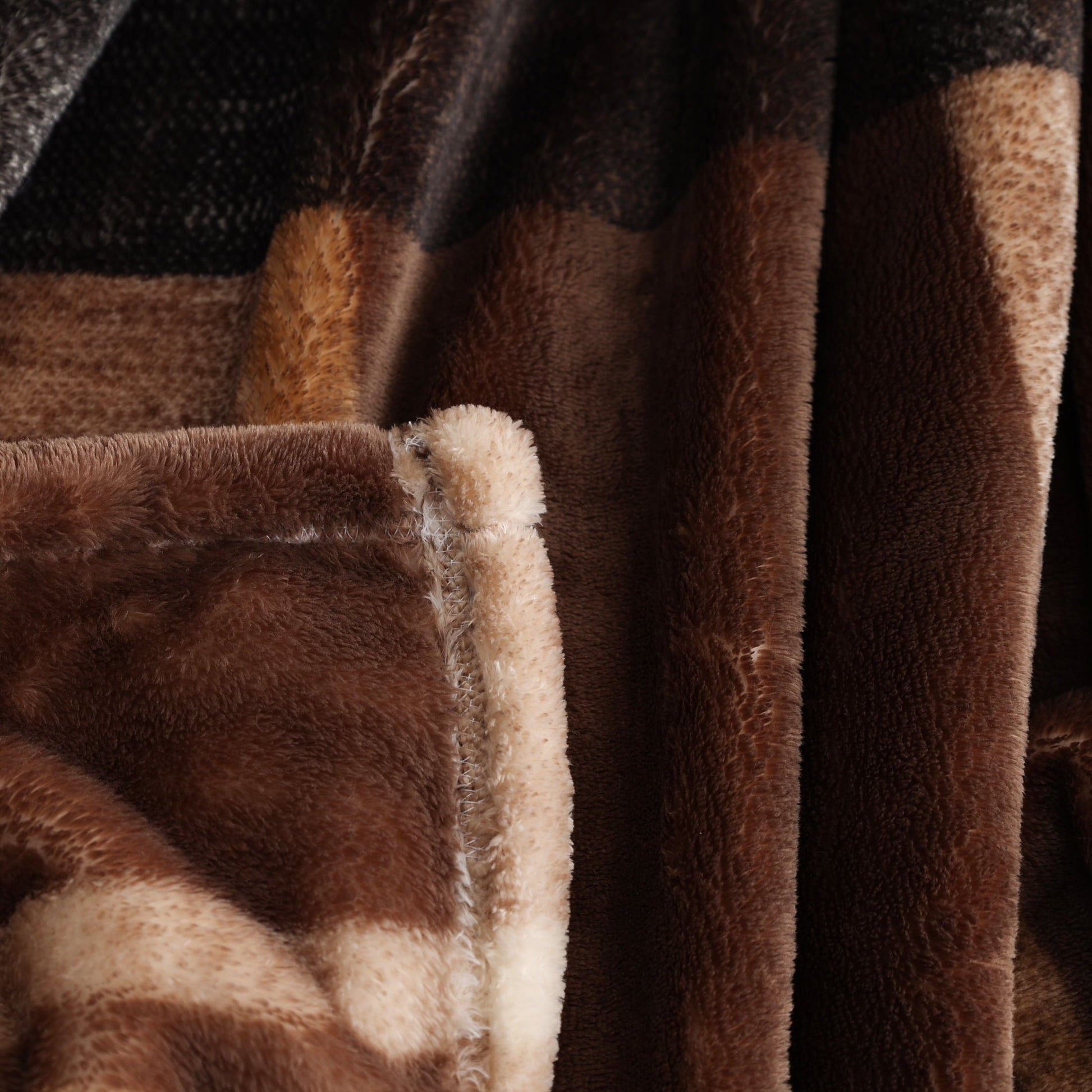 Decorative Knitted Printed Velvet Plush Super Soft Throw Blanket, Oversized, Shelton Brown Plaid - Super Soft Reversible Sherpa Flannel Blanket Detail