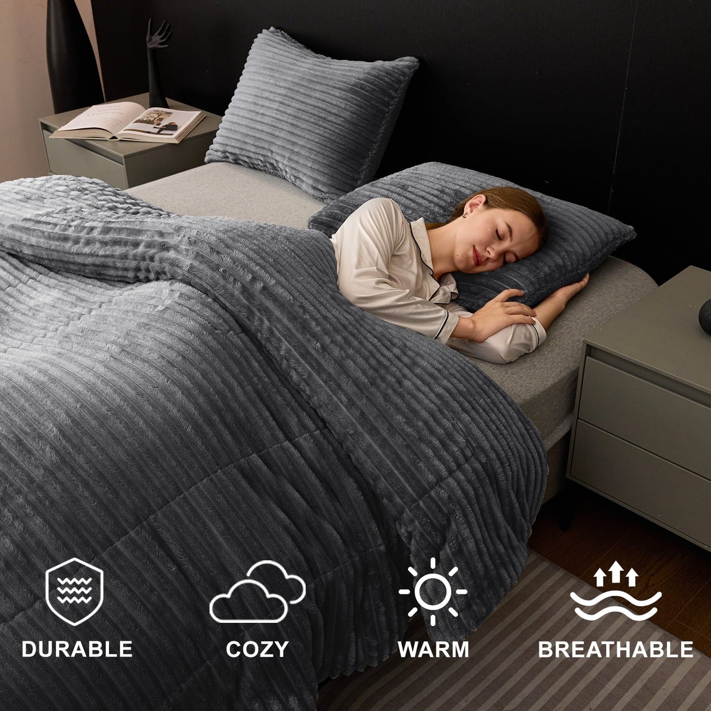 Fluffy Down Alternative 3 Piece Fleece Queen Comforter Set - Soft & Warm Fluffy Dark Gray Sherpa Bedding , Fuzzy Heavy Double Sided Design Wi... - Hypoallergenic Ultra-Fluffy Quilt for Winter Detail