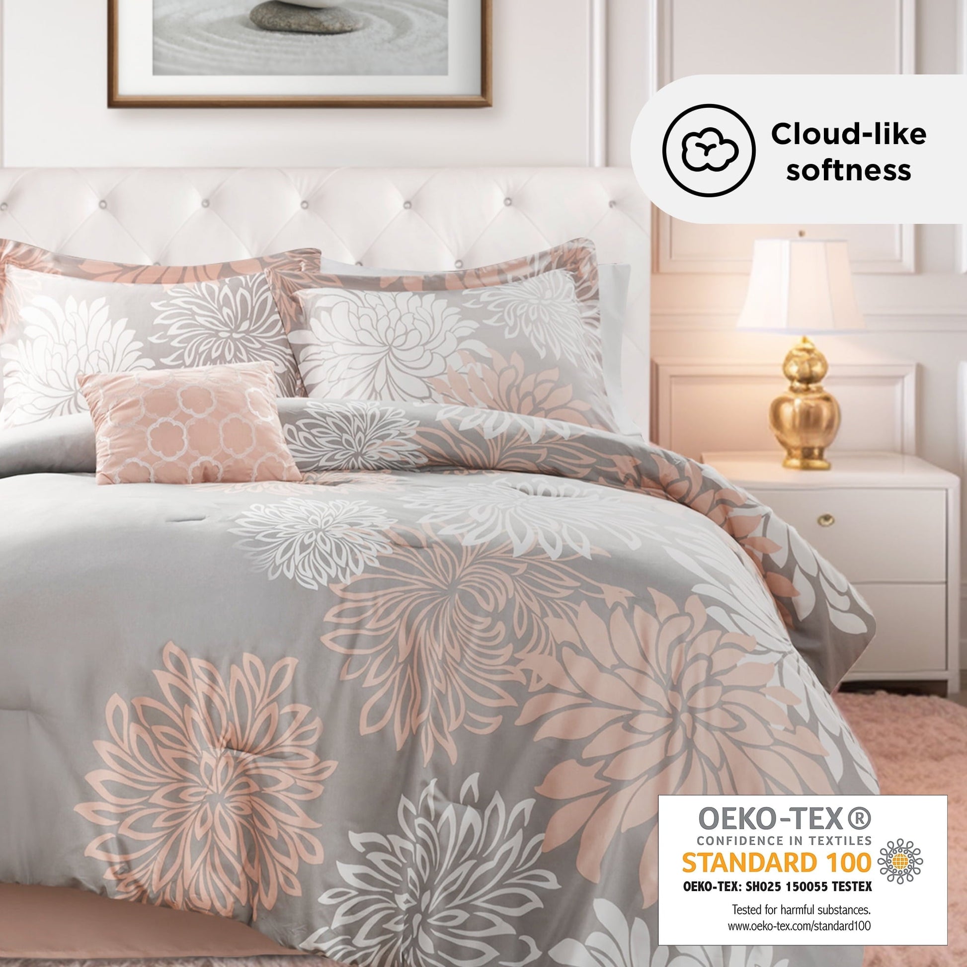 All-Season King Size Comforter Set, 5-Piece Floral Bedding Set for All Season, Blush Comforter Set King with Bed Skirt - Cloud-Like Soft Lightweight Bed Comforter Detail