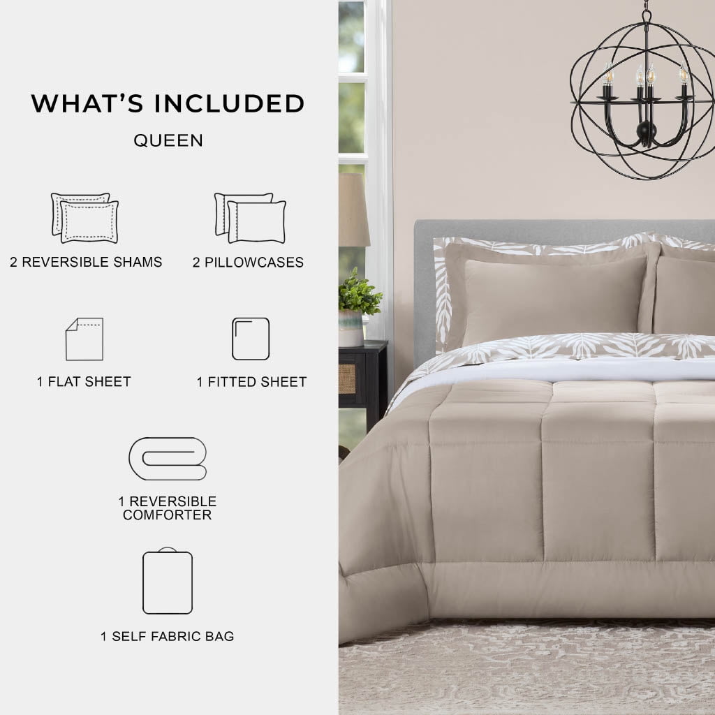 Heavyweight Warmth All in One Reversible Comforter and Sheet Set- 7 Piece, Queen, Beige Palm - Hypoallergenic Ultra-Fluffy Quilt for Winter Detail