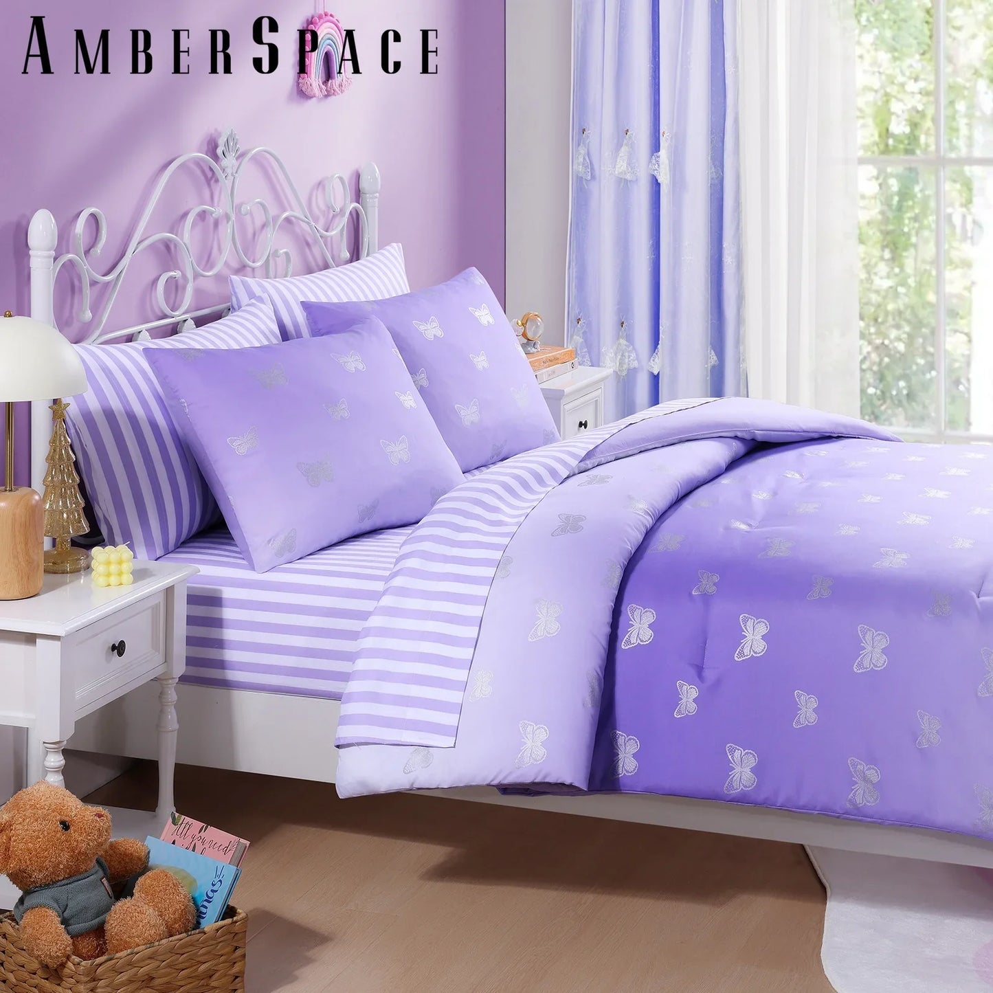 Fluffy Down Alternative gold foil Design 7-piece Bed in a Bag Comforter Set with Sheets,Purple/Silver Butterflies,Full - Hypoallergenic Ultra-Fluffy Quilt for Winter Detail