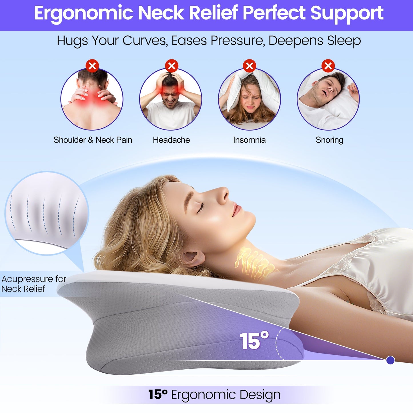 Ergonomic Memory Foam Ergonomic Cervical Pillows，Memory Foam Bed Pillow for Neck & Shoulder Pain Relief for Side Back Stomach Sleepers White - Decorative Throw Pillow Cushion for Sofa & Bed Detail