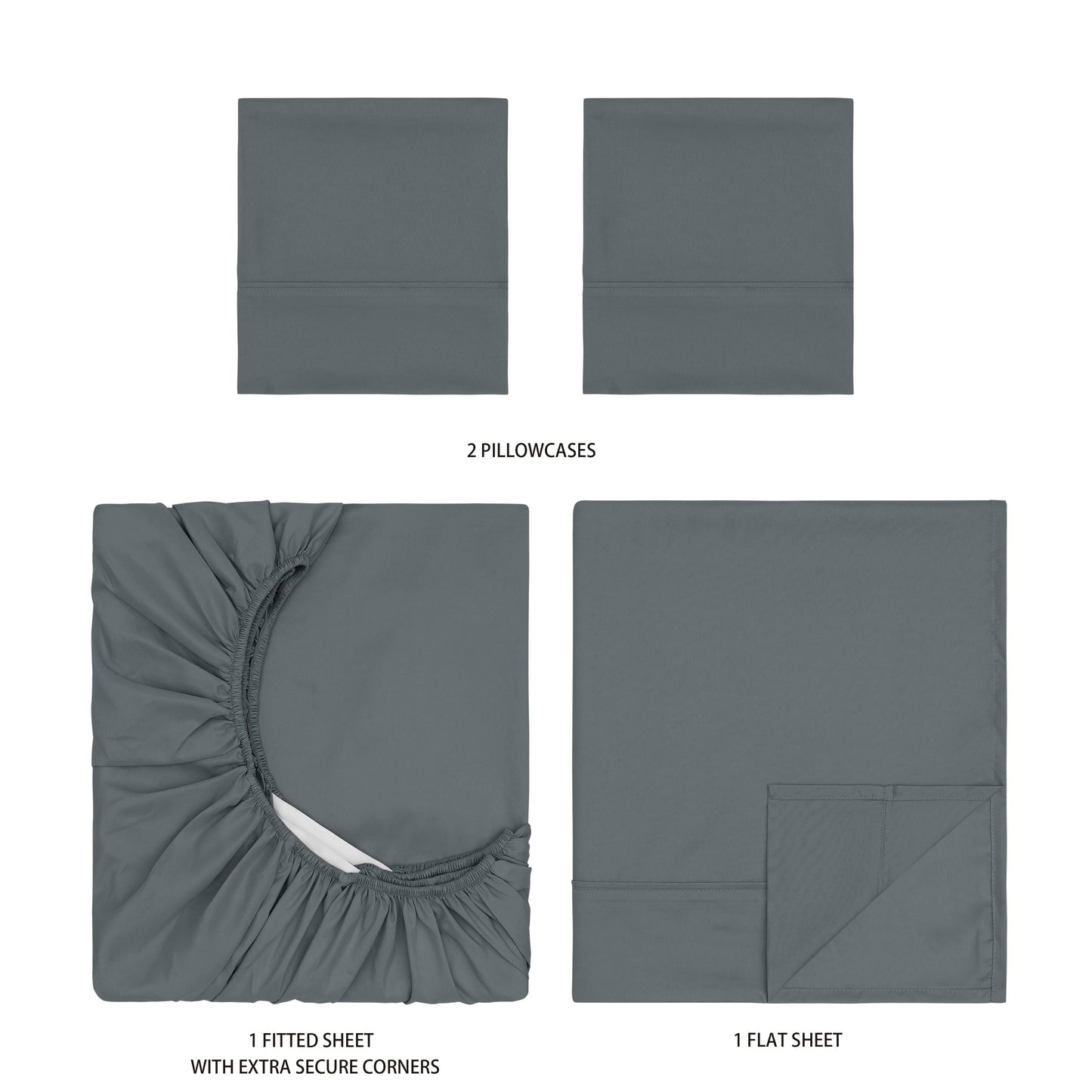 Ultra-Soft Super Soft Brushed Microfiber Bed Sheet Set, Soothing Gray, Queen, 4 Piece - Premium Ultra-Soft Pillowcase Pair for Sleeping Detail