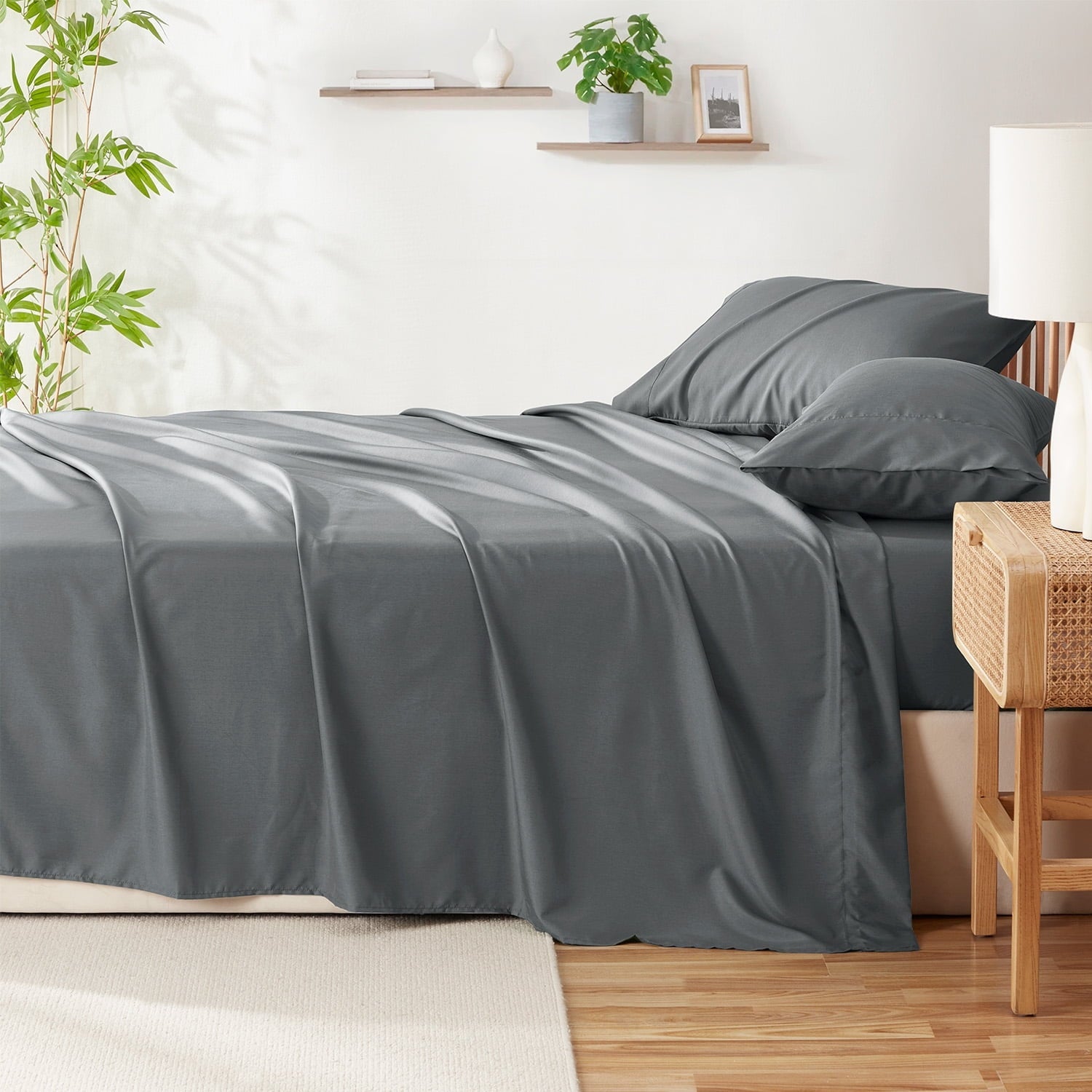 Wrinkle-Resistant Virtu Bed Sheets Set, Deep Pocket Rayon Derived 4 Piece Queen Sheets sets, Gray - Premium Ultra-Soft Pillowcase Pair for Sleeping Detail