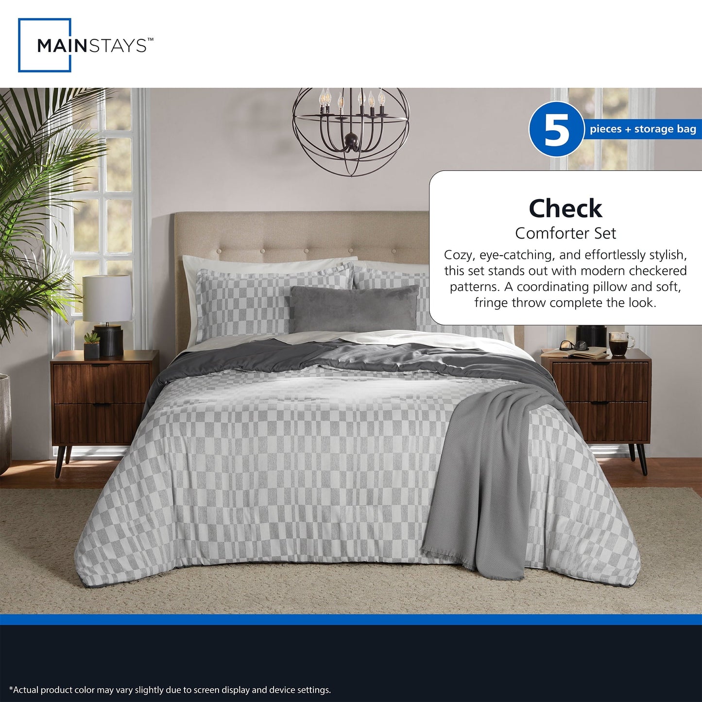 Heavyweight Warmth Full/Queen Comforter Set, All-Season, 5-Piece, Soft Silver Check - Cloud-Like Soft Lightweight Bed Comforter Detail