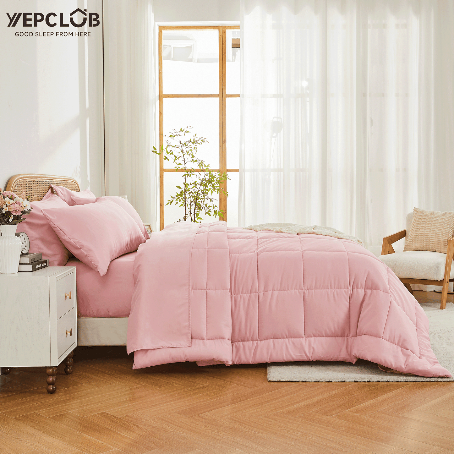 Hypoallergenic Cloud 7-Piece Queen Size Comforter Set,Pink Reversible Bed in a Bag,All Season Solid Bedding Set with Sheets,Pillowcases & ... - Hypoallergenic Ultra-Fluffy Quilt for Winter Detail