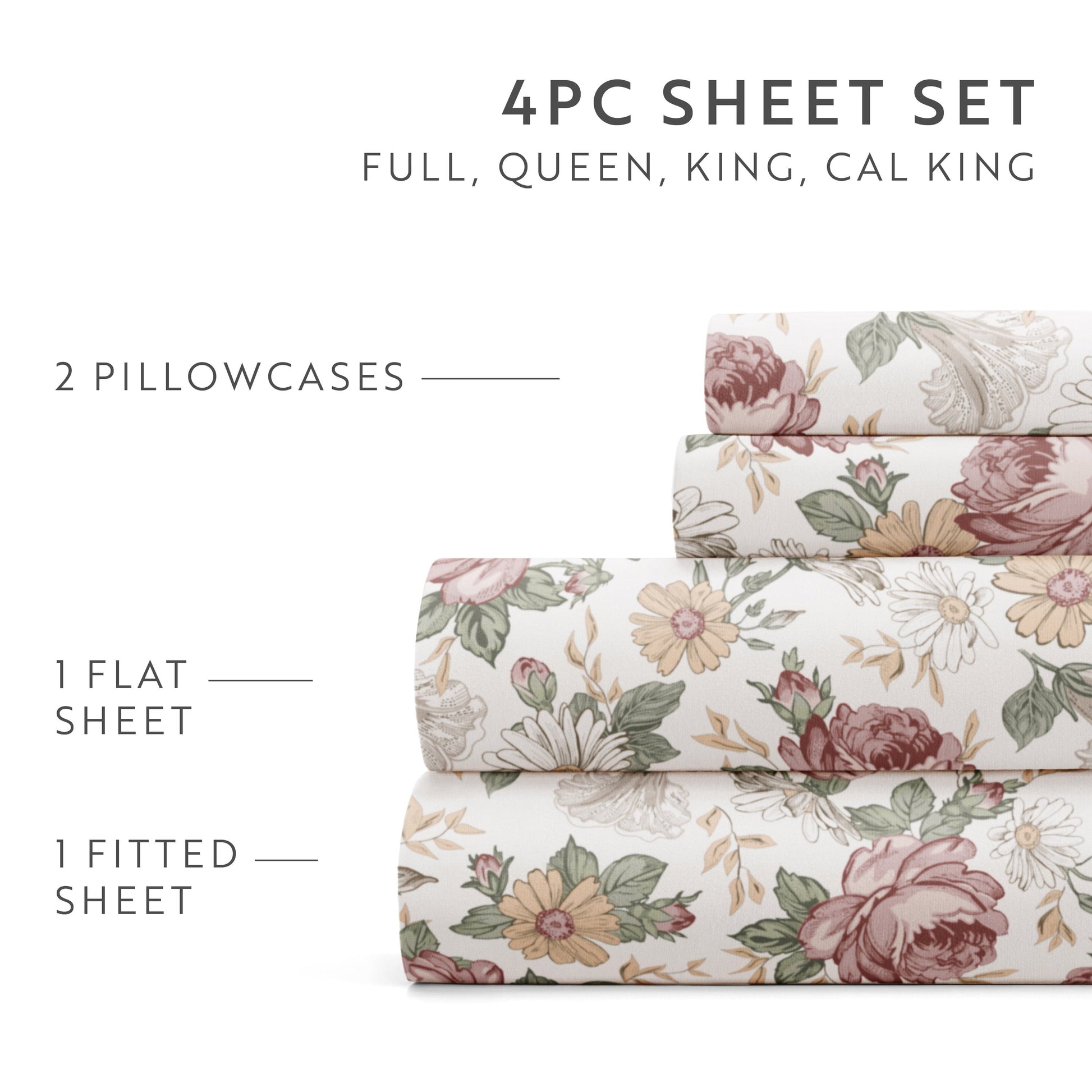 Wrinkle-Resistant 4 Piece Pattern Microfiber Bed Sheets Set, Blooming Floral Rose, Queen - Premium Ultra-Soft Pillowcase Pair for Sleeping Detail