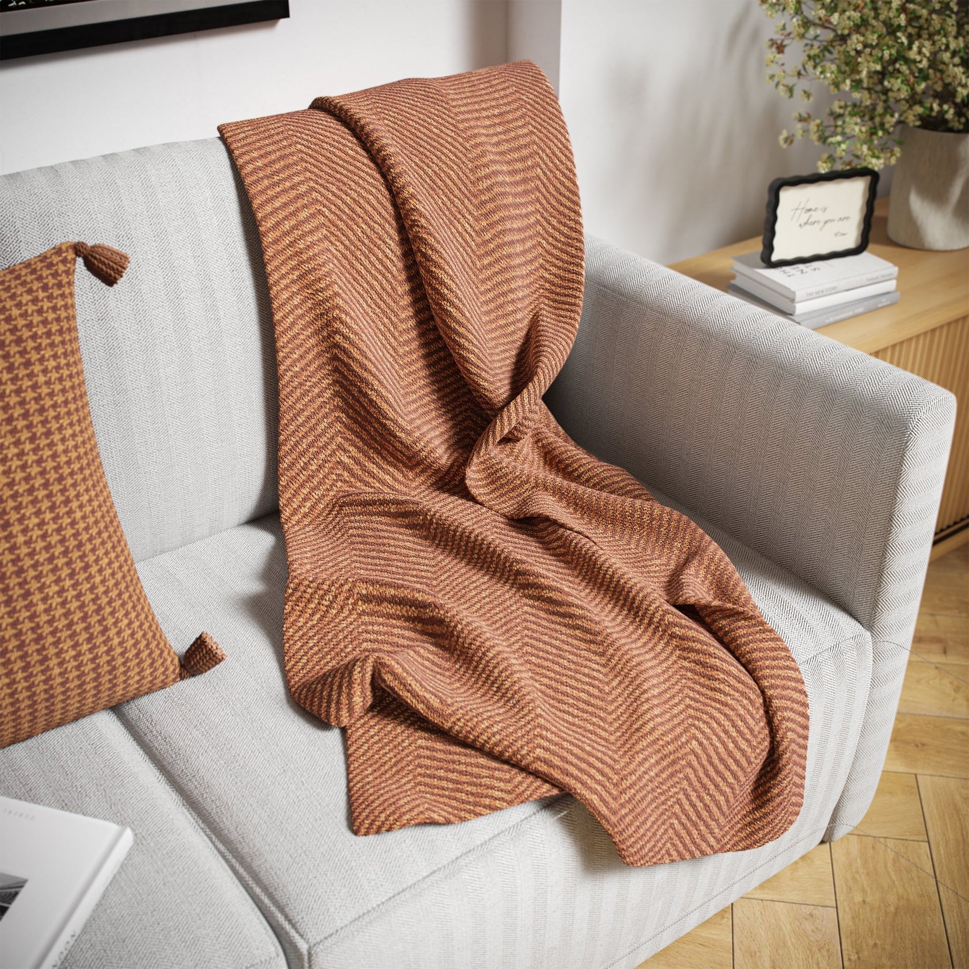 Cozy Fleece Beautiful Rust Woven Herringbone Throw , 50" x 60" - Luxury Knitted Decorative Throw Blanket with Fringes Detail