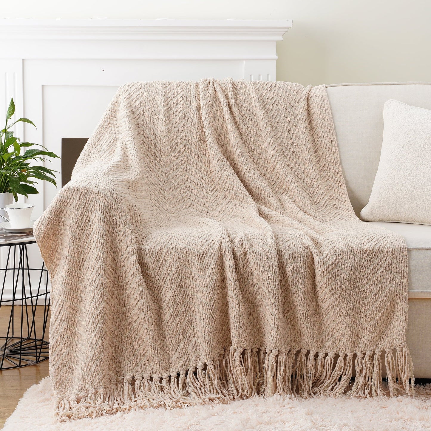 Lightweight Warm Beige Throw Blanket,Textured Knitted Tan Throws with Tassels,Neutral Sofa Bed Throws,50"x60" - Lightweight Plush Warm Blanket for All Seasons Detail