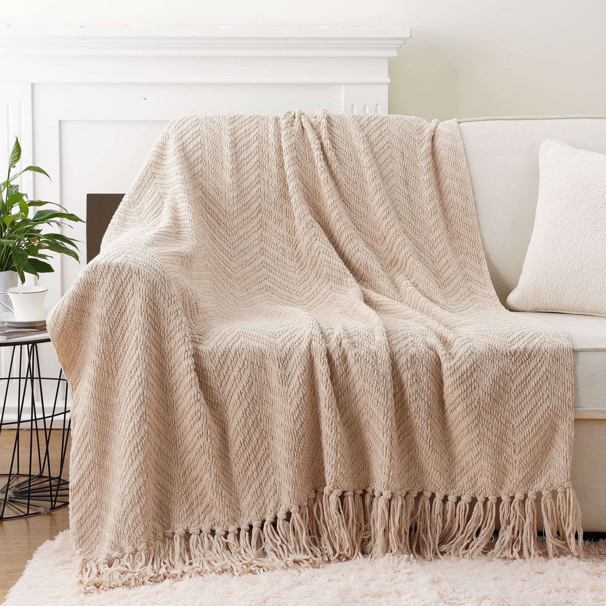 Lightweight Warm Beige Throw Blanket,Textured Knitted Tan Throws with Tassels,Neutral Sofa Bed Throws,50"x60" - Lightweight Plush Warm Blanket for All Seasons Detail