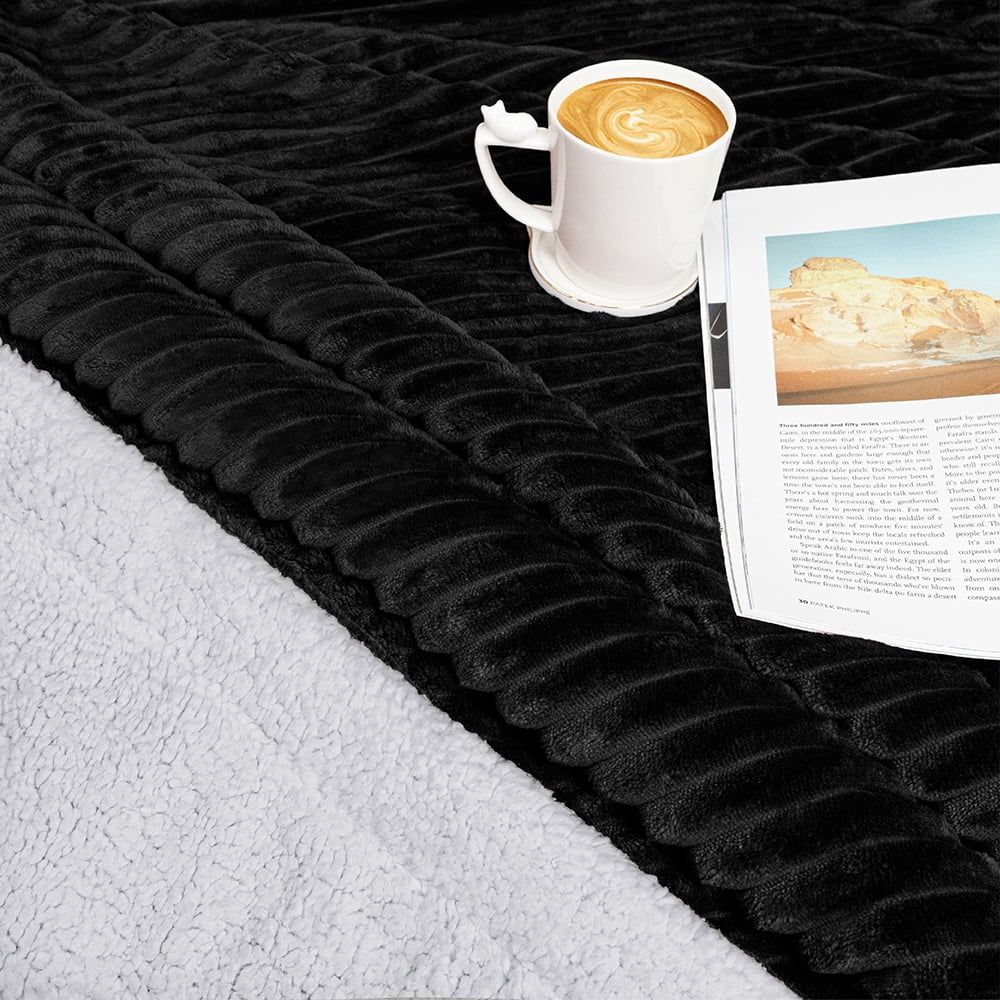 Decorative Knitted Reversible Sherpa Fleece Throw Blanket Black, Plush Flannel Throw, Ultra Soft Warm Ribbed Microfiber Blanket for Sofa... - Cozy Fleece Throw Blanket for Couch & Bed Detail