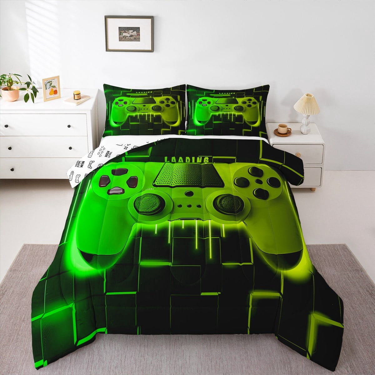 All-Season Green Yellow Gaming Full Size Comforter Sets - Gamer Comforter Full Size Bedding Set, Neon Lights Abstract Geometry D... - All-Season Down Alternative Comforter Insert Detail