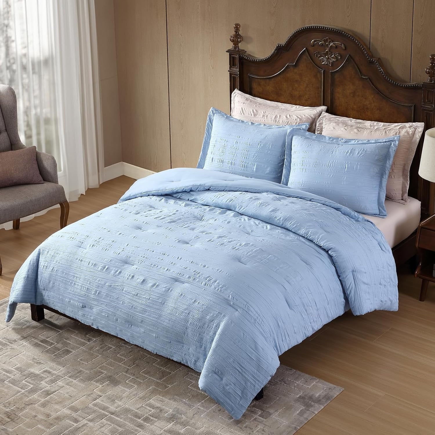 Luxurious Quilted Queen Comforter Set Chambray Blue, 3 Pieces Comforter Set, All Season Lightweight Soft Embossed Bedding (86" x 88" Co... - Luxurious Quilted Duvet Cover Set Detail