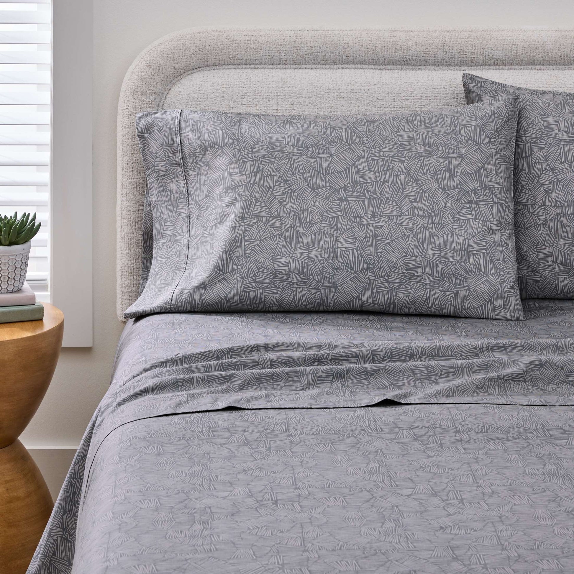 Breathable Luxury 300 Thread Count 4-Piece Cotton Percale Ziggy Geo Print Grey Flannel Bed Sheet Set, Queen - Cooling Hotel Quality Bedding Sheets and Pillowcases Detail