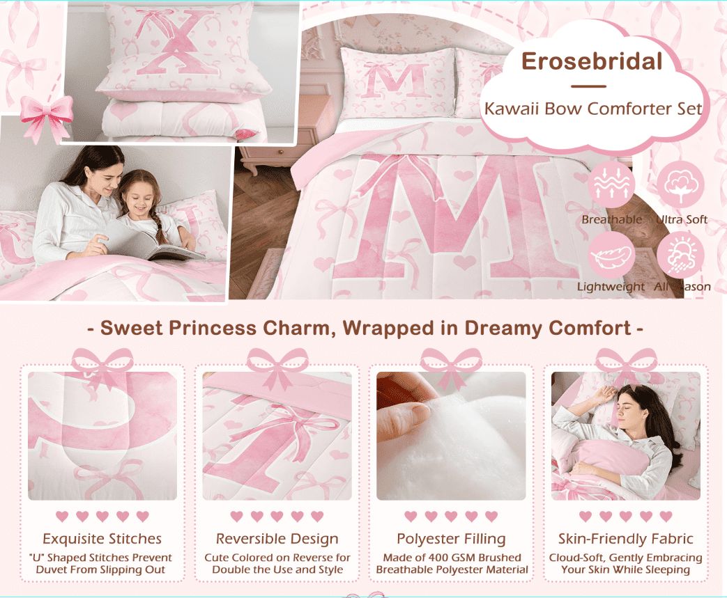 Hypoallergenic Cloud Kawaii Bowknot Bedding Sets Full with Comforter, Initial H Duvet Insert, Romantic Initial A-Z Decor, Reversible - All-Season Down Alternative Comforter Insert Detail