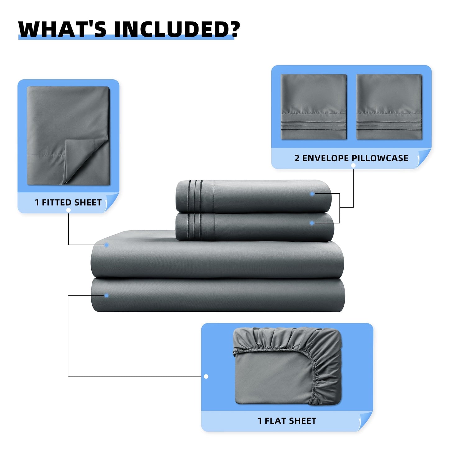 Premium Egyptian Cotton Shilucheng 4 Pieces Luxury Bed Sheets Set, Plush Microfiber Bed Sheets, 16" Deep Pocket, Queen, Dark Gray - Cooling Hotel Quality Bedding Sheets and Pillowcases Detail