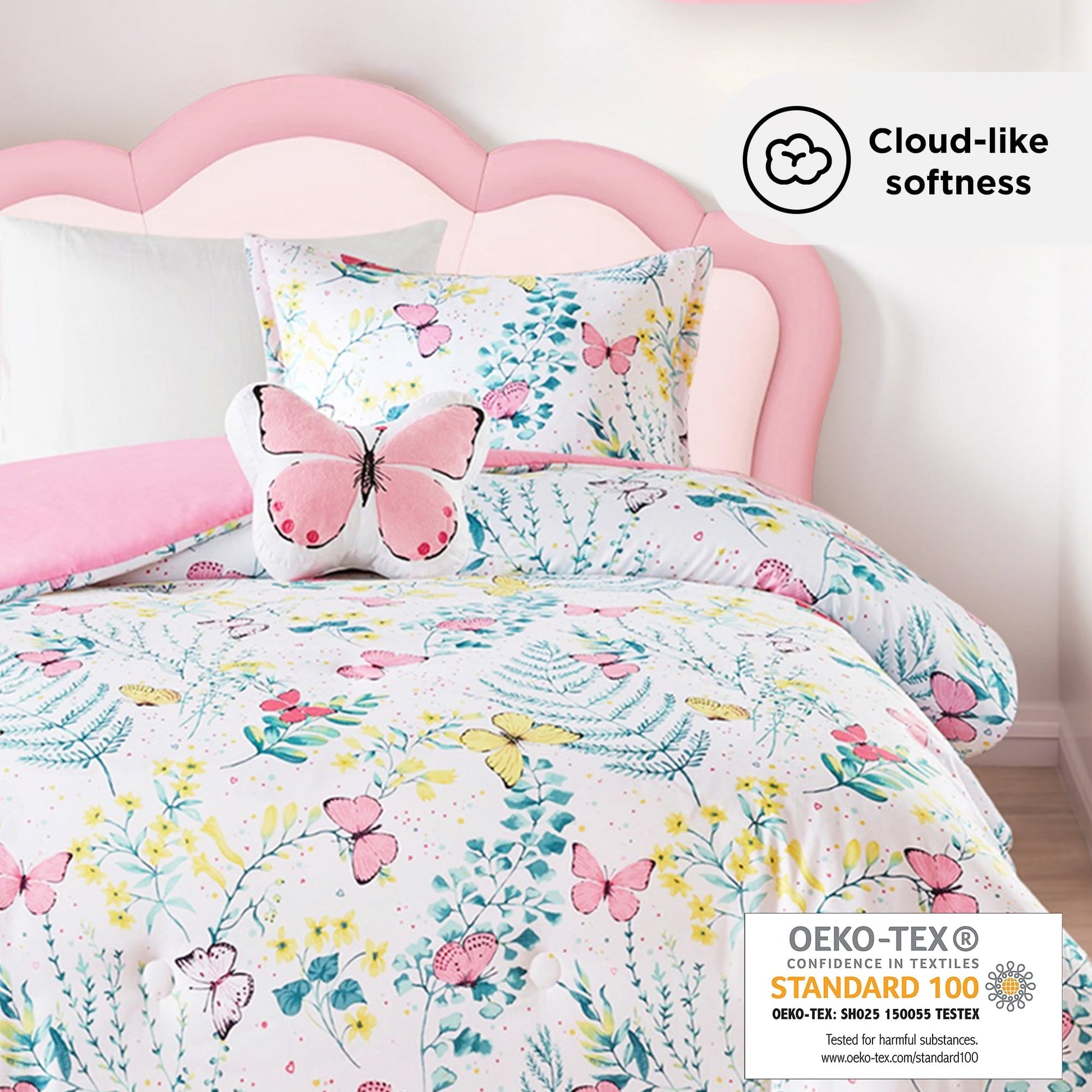 Heavyweight Warmth Full/Queen Size Comforter Sets, 4-Piece Kids Bedding Set for Girls, Butterfly Floral Comforter Bed Set, White/Pink - Cloud-Like Soft Lightweight Bed Comforter Detail