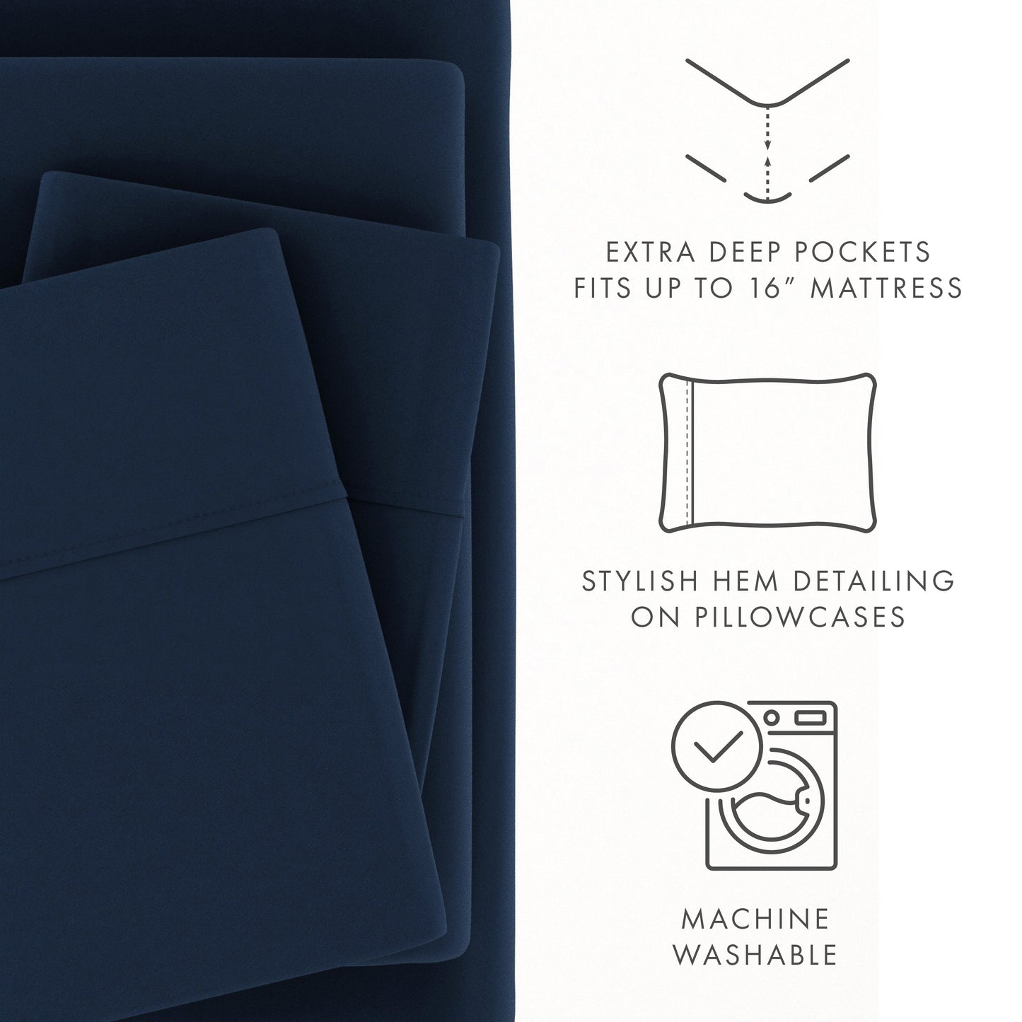 Cooling Sateen 4 Piece Solid Microfiber Bed Sheet Set, Navy, Queen - Premium Ultra-Soft Pillowcase Pair for Sleeping Detail