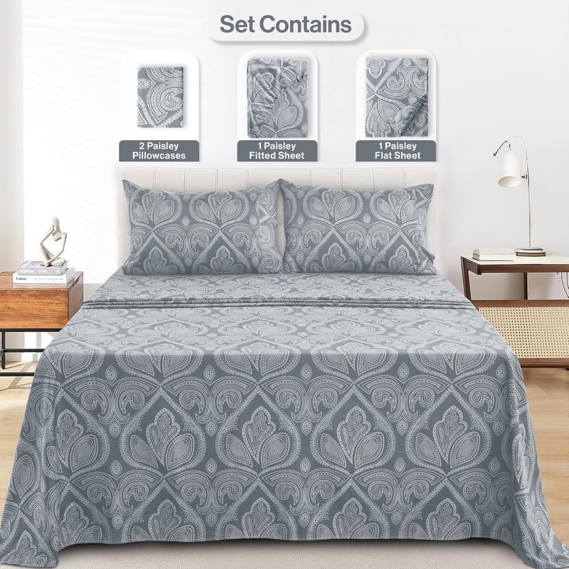 Wrinkle-Resistant Lux Decor 4 Piece Queen Sheet Set, Brushed Microfiber Paisley Printed Bed Sheet Set with up to 16" Deep Pocket Fitted... - Premium Ultra-Soft Pillowcase Pair for Sleeping Detail