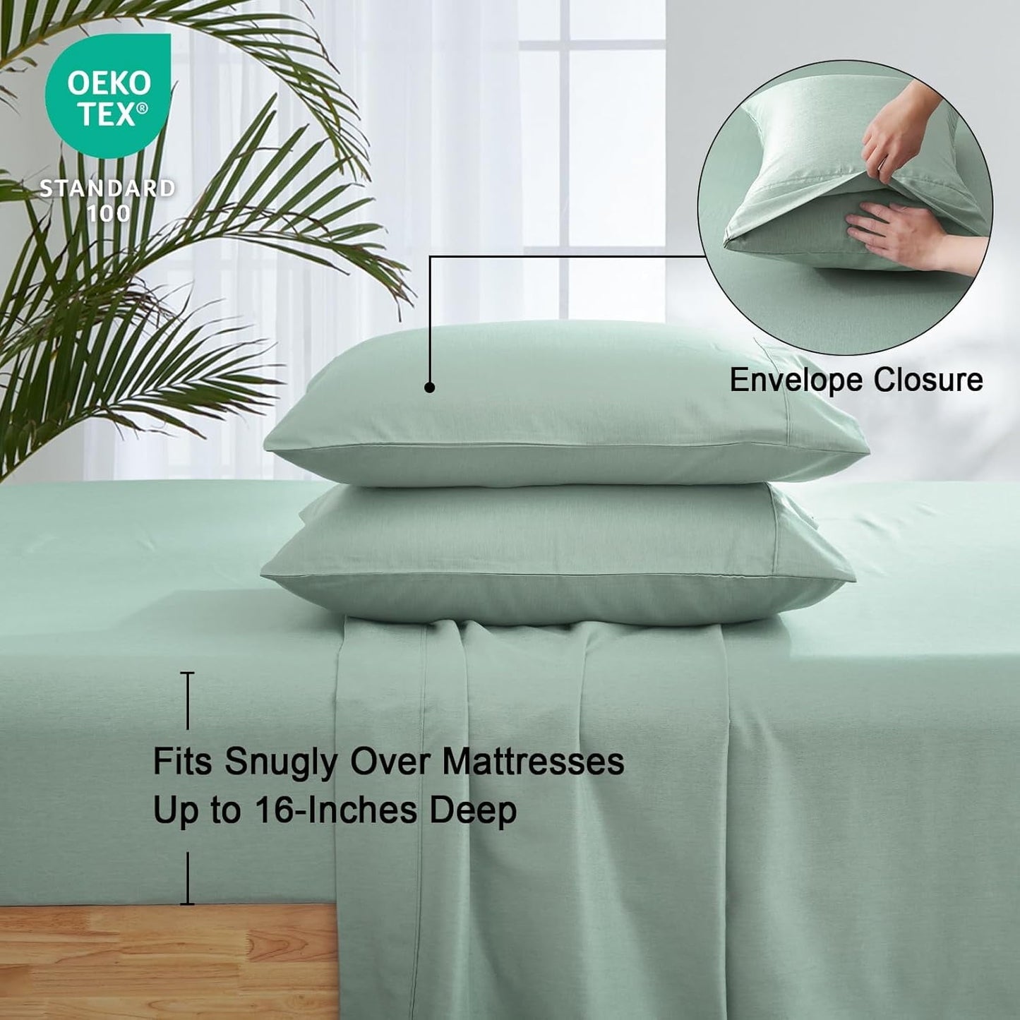 Cooling Sateen Bamboo Bed Sheet Sets, 4 Pieces King Silky Soft Bedding Sheets, 1800 Thread Count 16 Inch Deep Pockets, Sage Green - Premium Ultra-Soft Pillowcase Pair for Sleeping Detail
