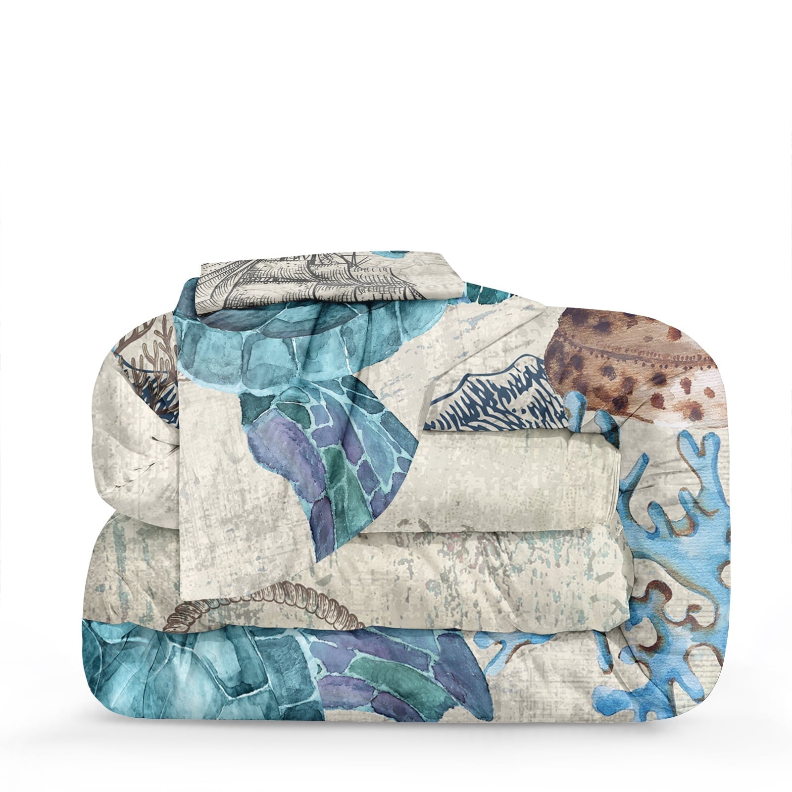 Fluffy Down Alternative Sea Turtle Comforter Set Queen Ocean Beach Bedding Set Soft and Lightweight Retro Style Design Coastal Bedding Set - Luxurious Quilted Duvet Cover Set Detail
