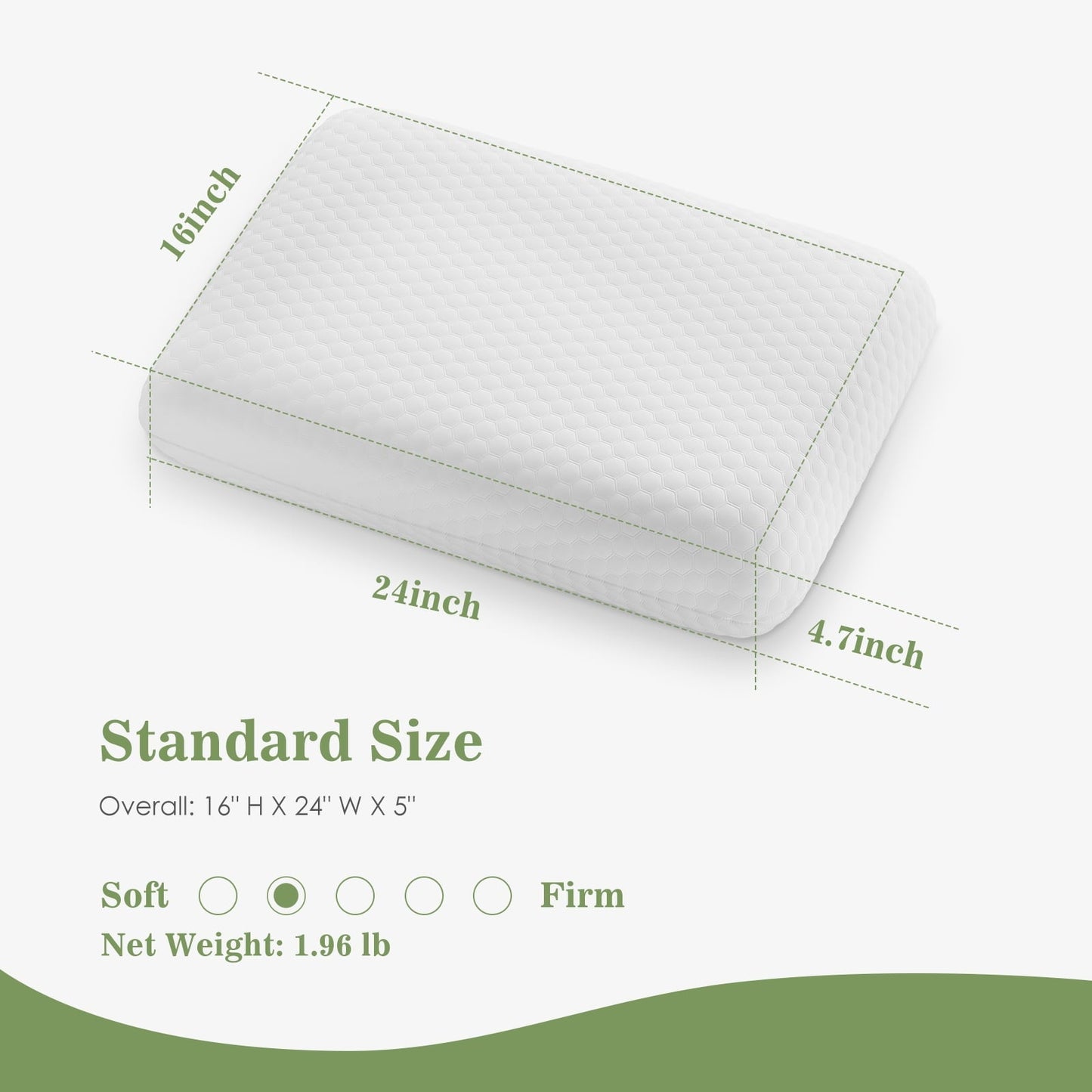 Hotel Collection Memory Foam Pillow for Sleeping, 24"D x 16"W x 4.7"H, Soft Supportive Hotel Pillow for Bed, Washable Cover, Set of 2 - Decorative Throw Pillow Cushion for Sofa & Bed Detail