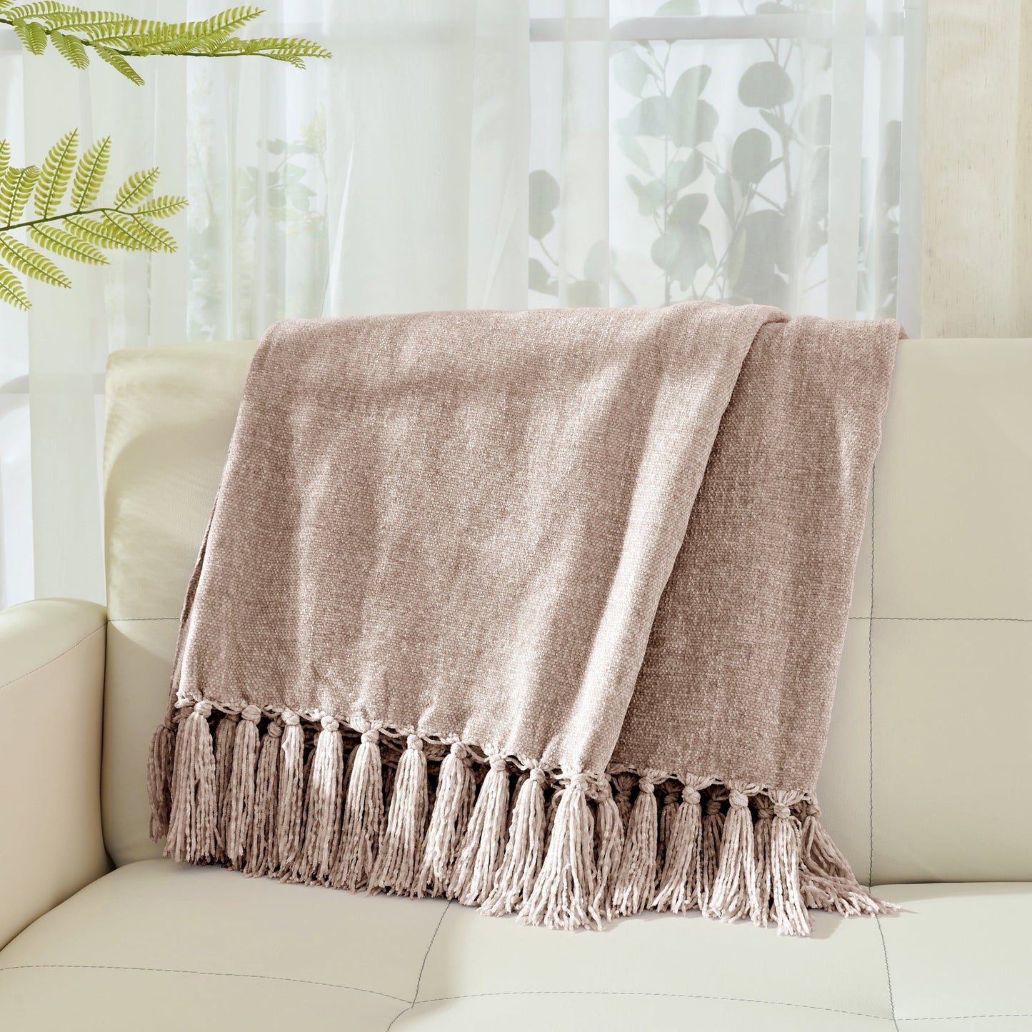 Lightweight Warm Chenille Throw Blanket with Fringe Tassel for Couch Sofa Chair Bed, Taupe 50" X 60" - Lightweight Plush Warm Blanket for All Seasons Detail