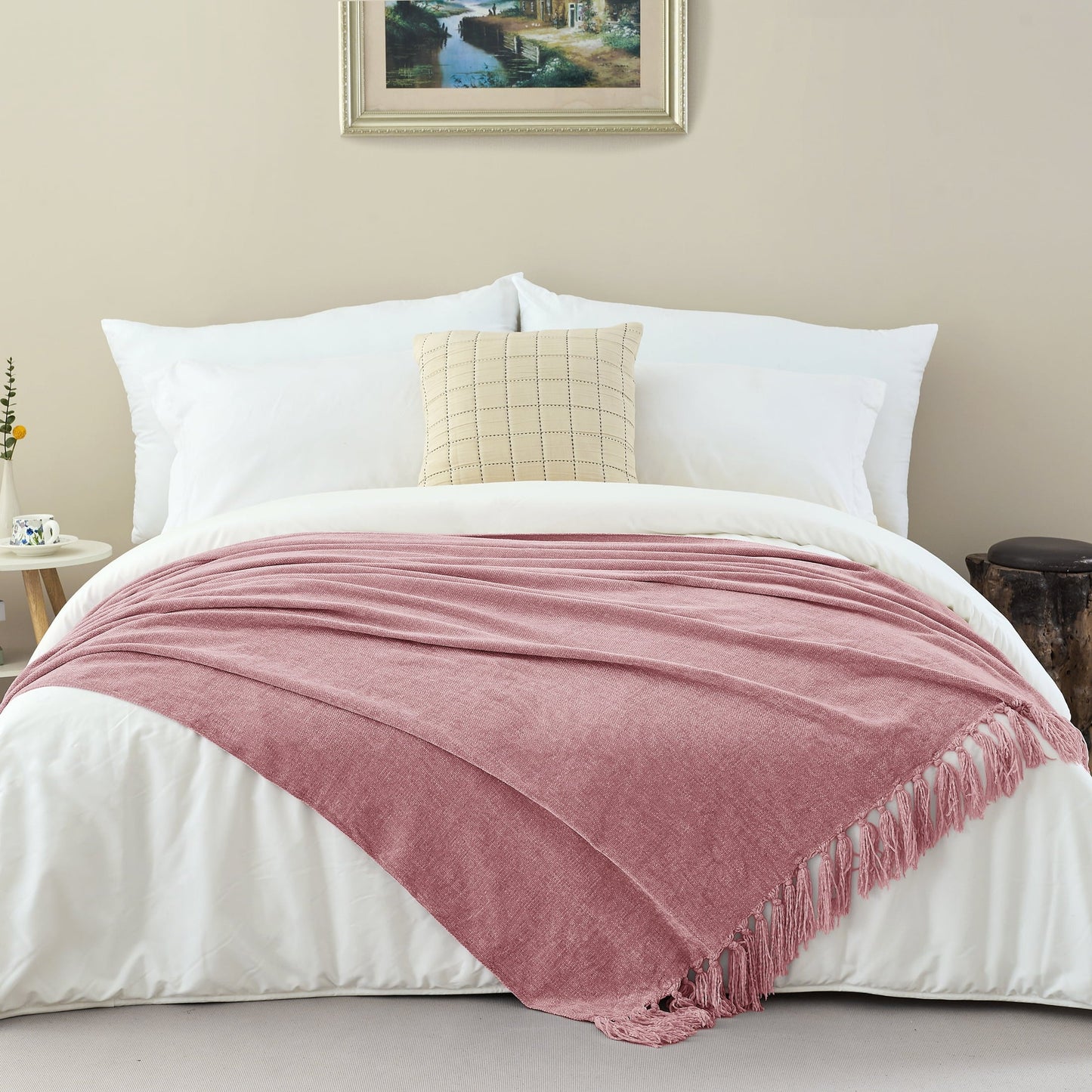 Cozy Fleece Chenille Throw Blanket with Fringe Tassel for Couch Sofa Chair Bed, Mauve 50" X 70" - Luxury Knitted Decorative Throw Blanket with Fringes Detail