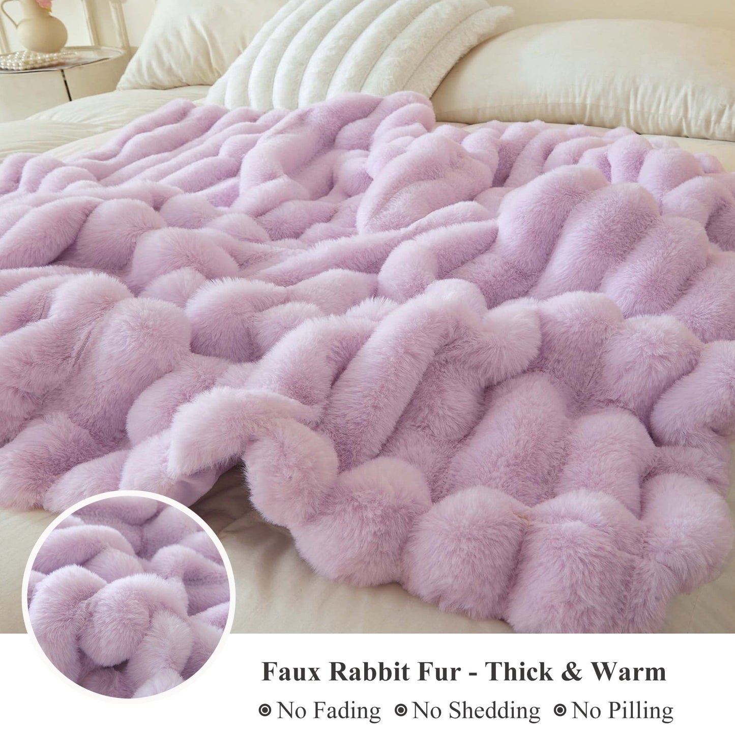 Decorative Knitted Fluffy Faux Rabbit Fur Throw, Cozy Wide Stripe Plush Fuzzy Blanket for Bed Couch Sofa Chair, Light Purple Shaggy Thro... - Luxury Knitted Decorative Throw Blanket with Fringes Detail