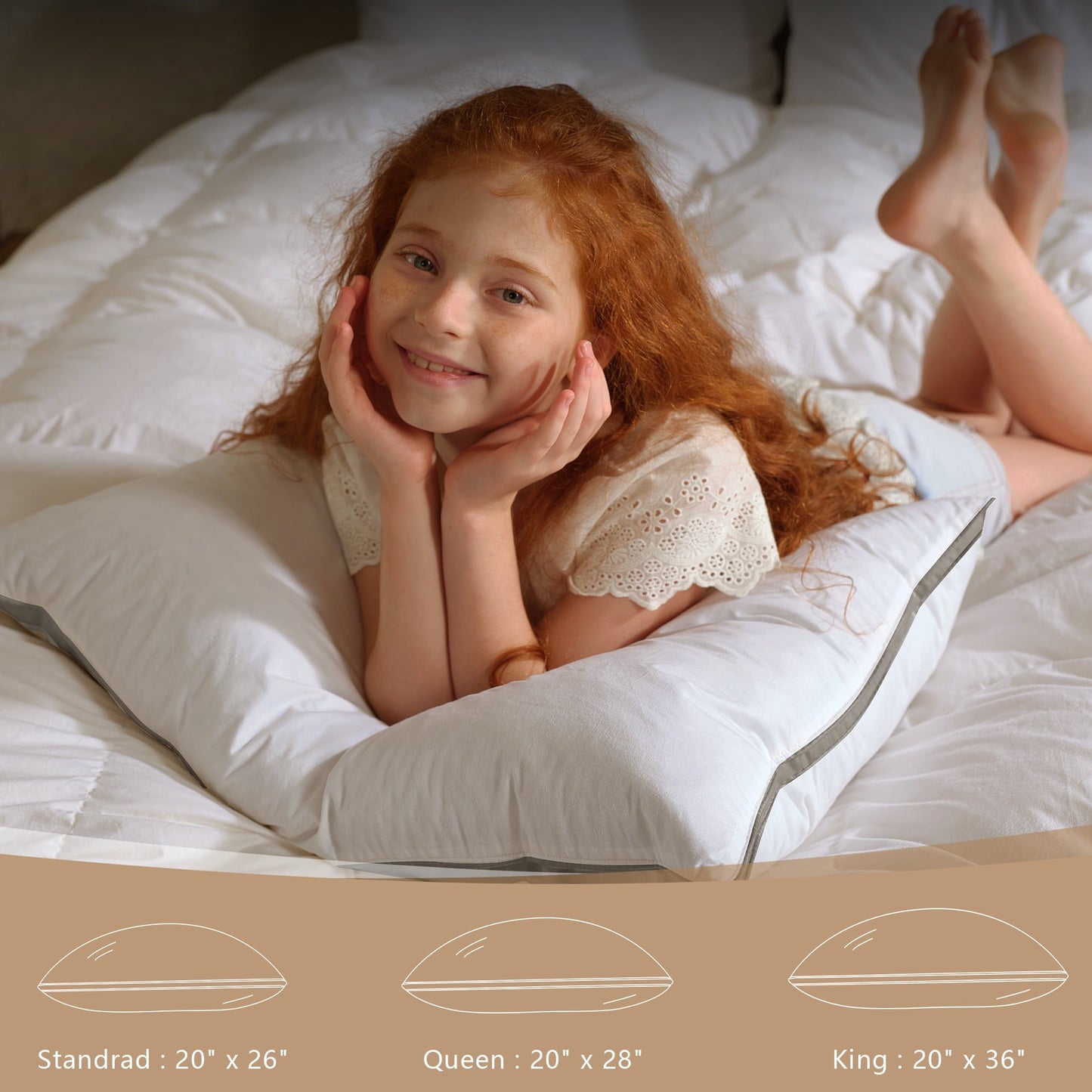 Decorative Plump Goose Feather Down Pillows Queen Size Set of 2, 100% Cotton Cover Hotel Collection Bed Pillows，20"x28" - Ergonomic Memory Foam Pillow for Neck Pain Support Detail