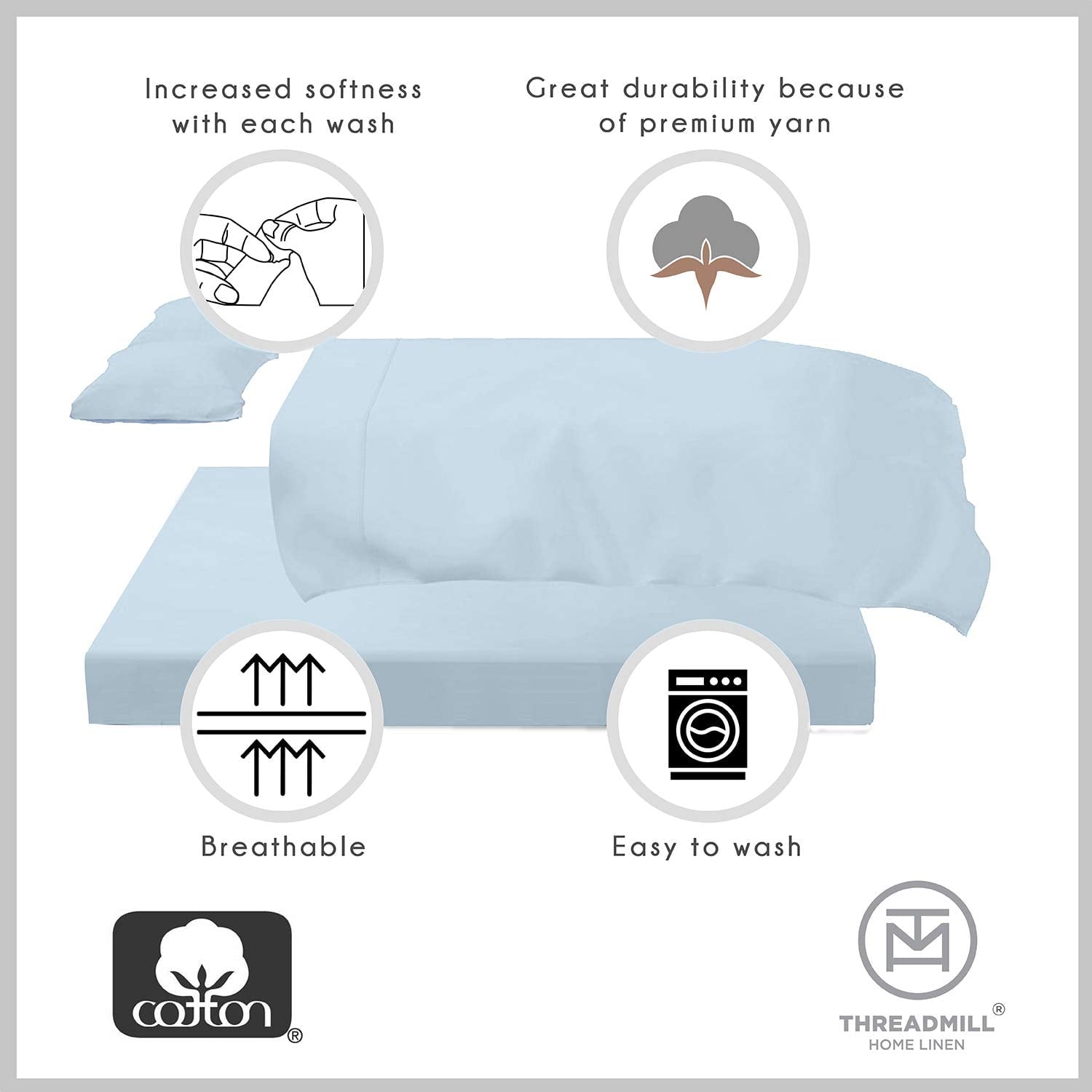 Premium Egyptian Cotton 100% Cotton King Bed Sheets Set - 4-Piece, 300 Thread Count, Lightweight Sateen, Light Blue - Breathable Egyptian Cotton Flat & Fitted Sheets Detail