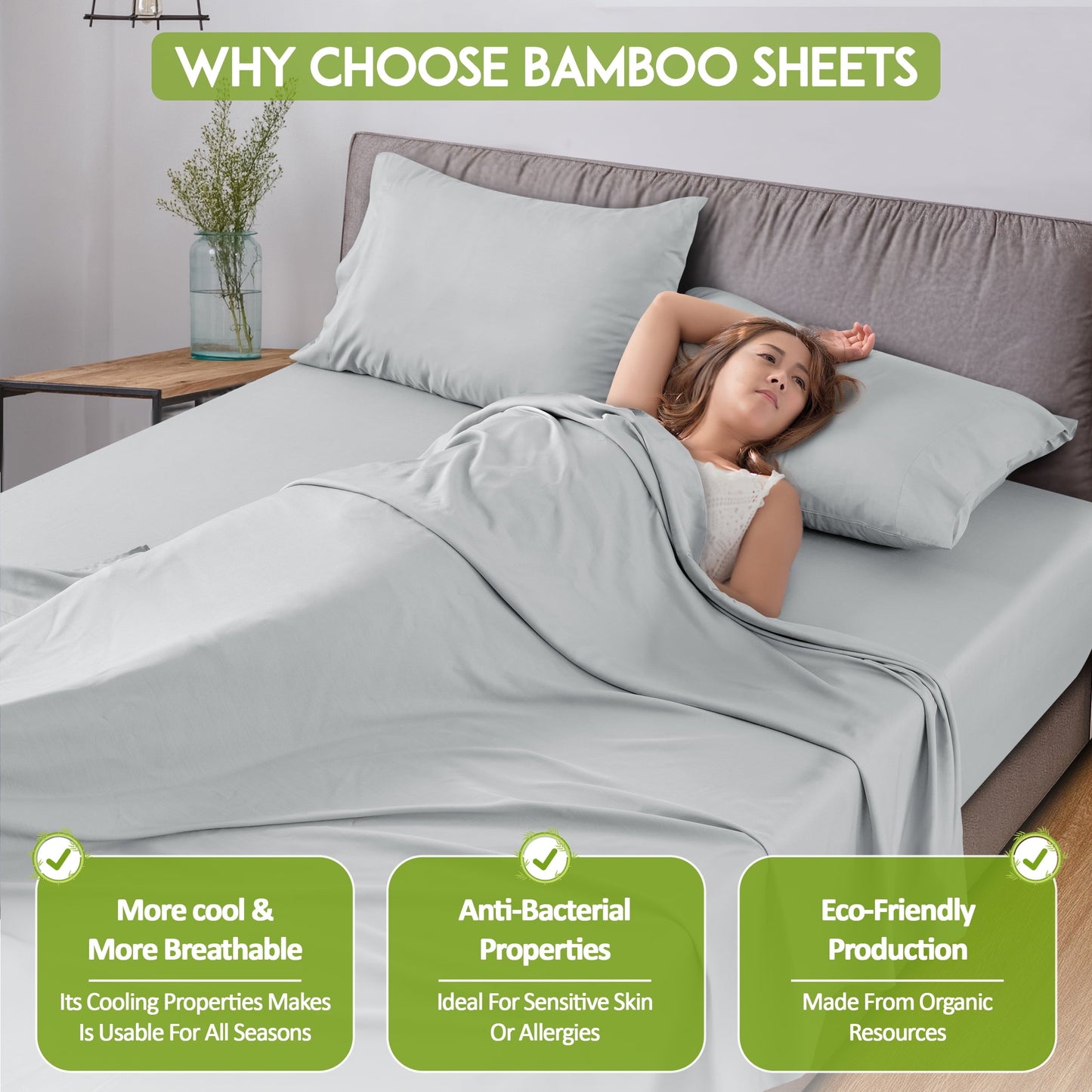 Breathable Luxury Rayon - 4 Piece Cooling Bed Sheets Set, Gray - Luxury Bed Sheet Set with Deep Pockets Detail