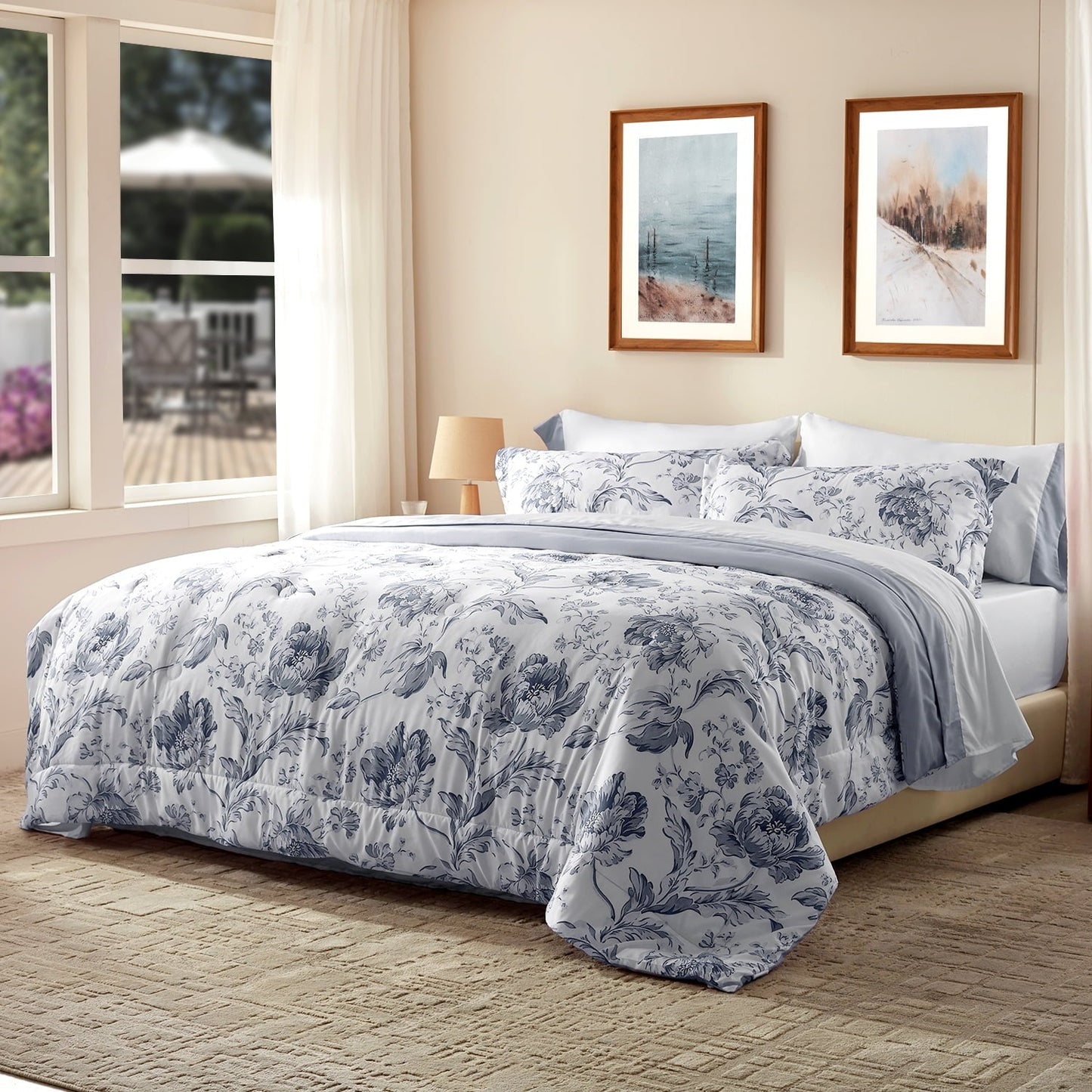 All-Season Queen Comforter Sets,7-Pieces Reversible Bedding Sets,Bed in a Bag with Comforter,Flat Sheet and Fitted Sheet,Pillowc... - Cloud-Like Soft Lightweight Bed Comforter Detail