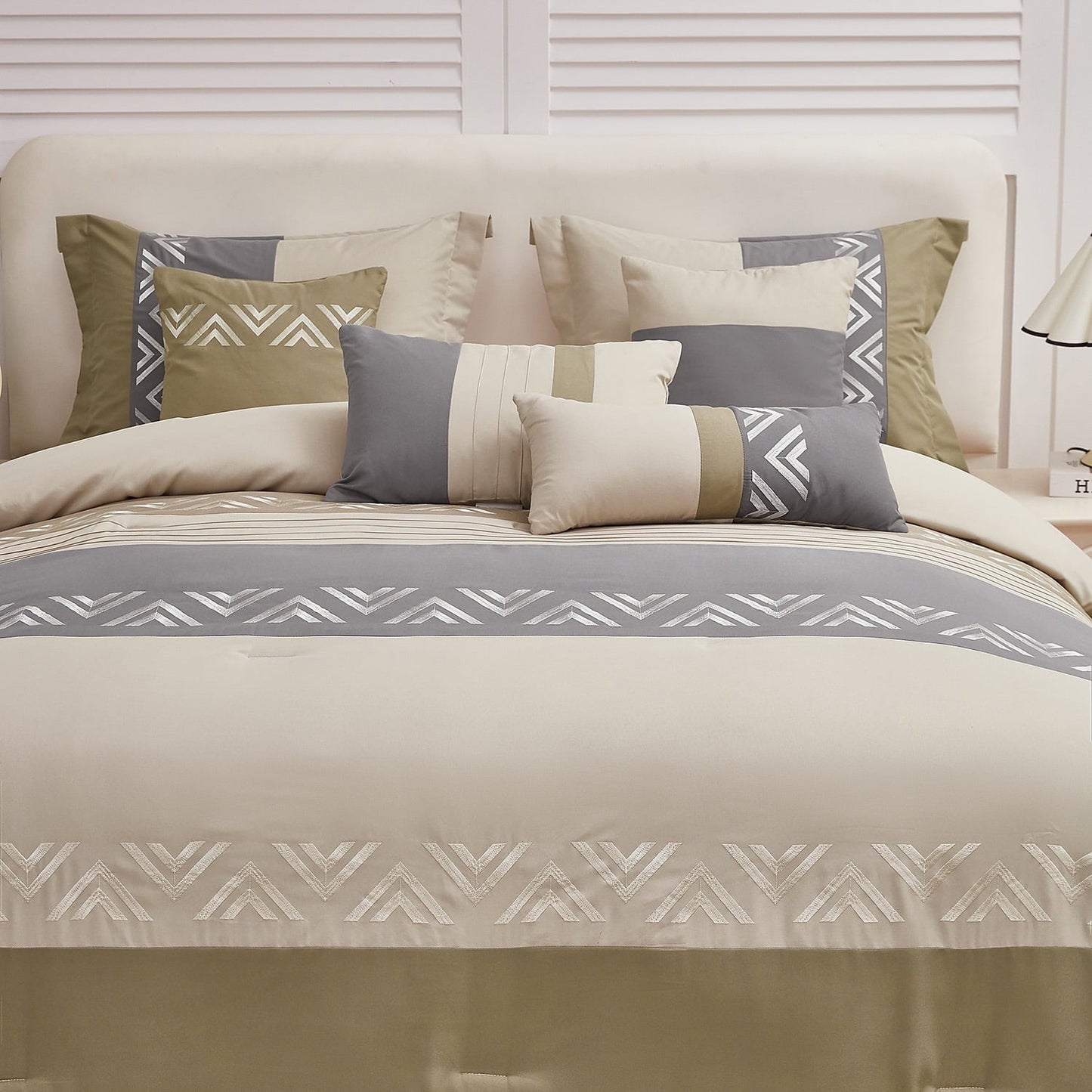 All-Season 7 Piece Embroidery Design Bed-in-a-Bag, Taupe Queen Size Ultra Soft Comforter Set for Adults - Cloud-Like Soft Lightweight Bed Comforter Detail