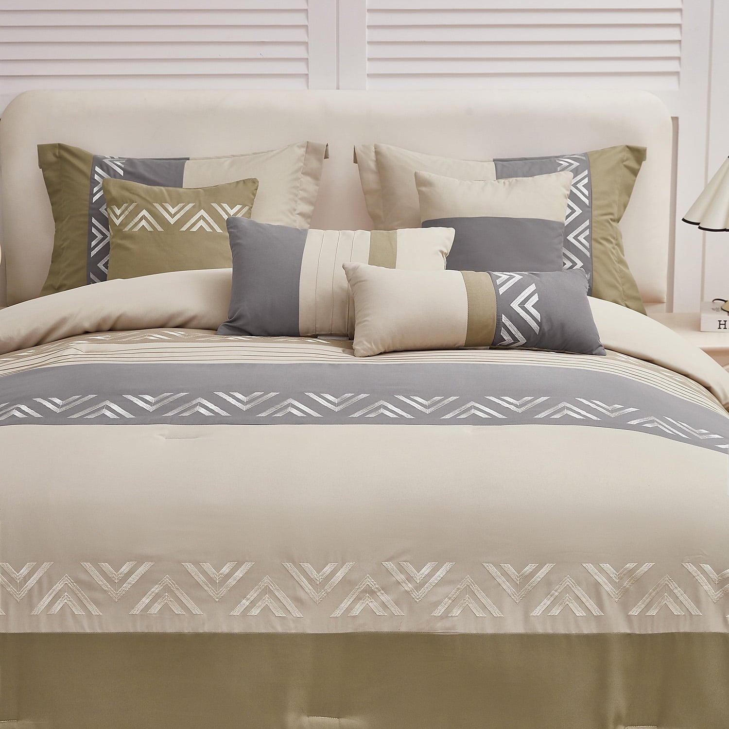 All-Season 7 Piece Embroidery Design Bed-in-a-Bag, Taupe Queen Size Ultra Soft Comforter Set for Adults - Cloud-Like Soft Lightweight Bed Comforter Detail
