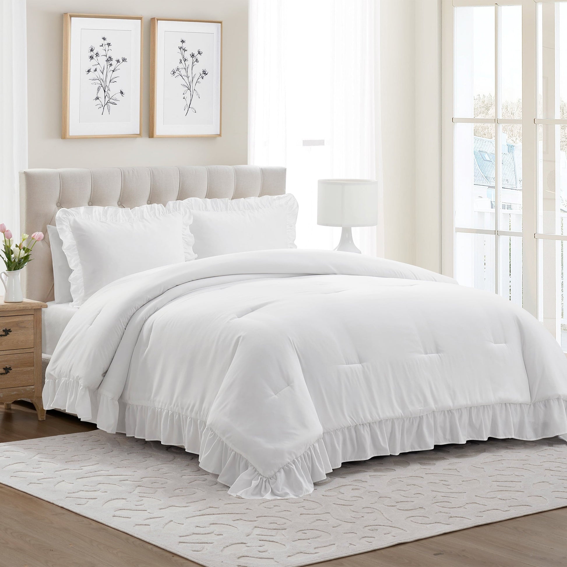 Hypoallergenic Cloud Full/Queen Comforter Set, All-Season, 3-Piece, White Ruffle - Hypoallergenic Ultra-Fluffy Quilt for Winter Detail
