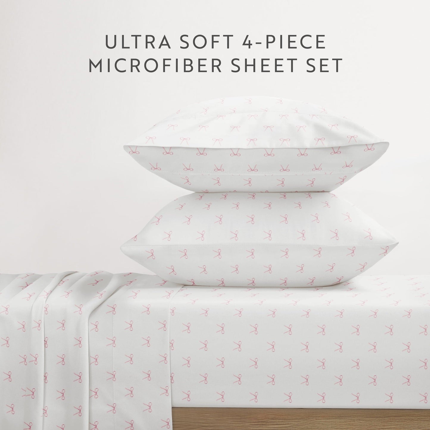 Wrinkle-Resistant 3 Piece Ditsy Pattern Microfiber Bed Sheets, Pink Bows, Twin-XL - Breathable Egyptian Cotton Flat & Fitted Sheets Detail